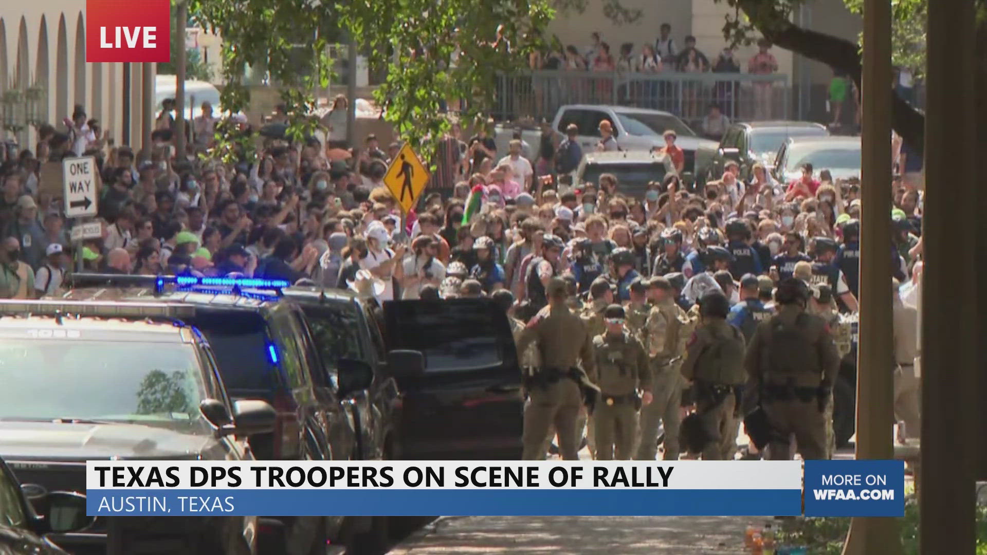Texas Department of Public Safety (DPS) troopers are on the scene of a rally on the University of Texas at Austin's campus.