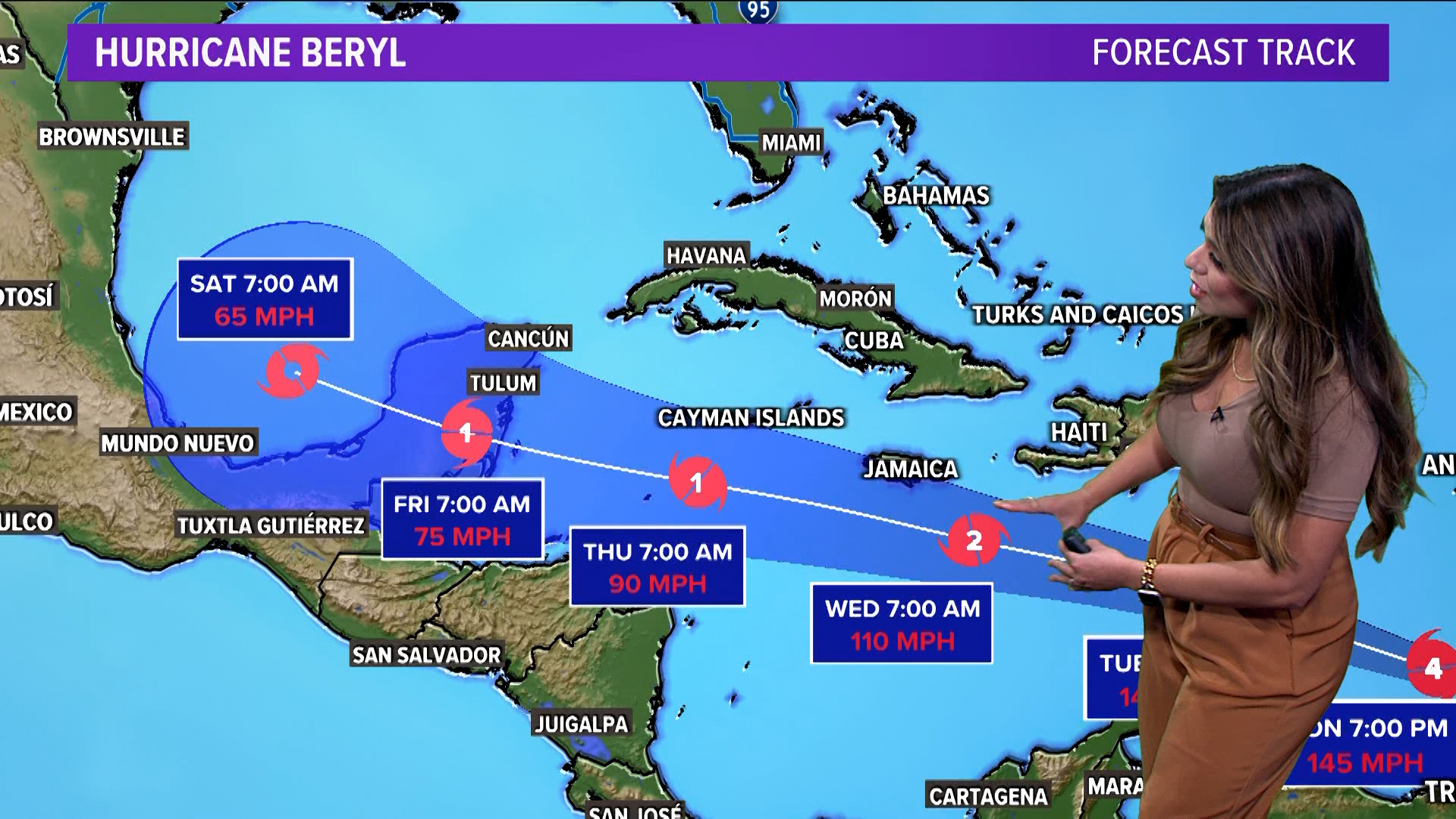 Hurricane Beryl strengthened to a Category 4 storm Monday near the Caribbean. Here's the latest forecast, path, spaghetti models and impacts.