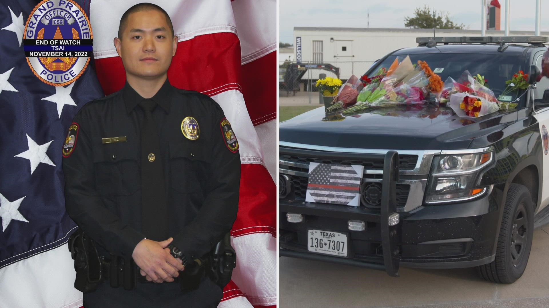 Officer Brandon Tsai died while pursuing a vehicle that had fake paper tags, police said.