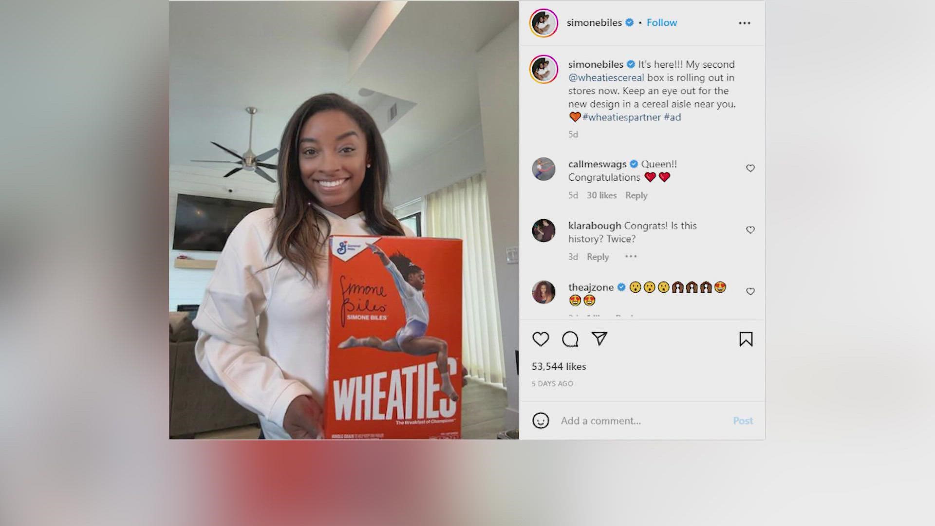 It's not Biles' first appearance on the iconic Wheaties box.