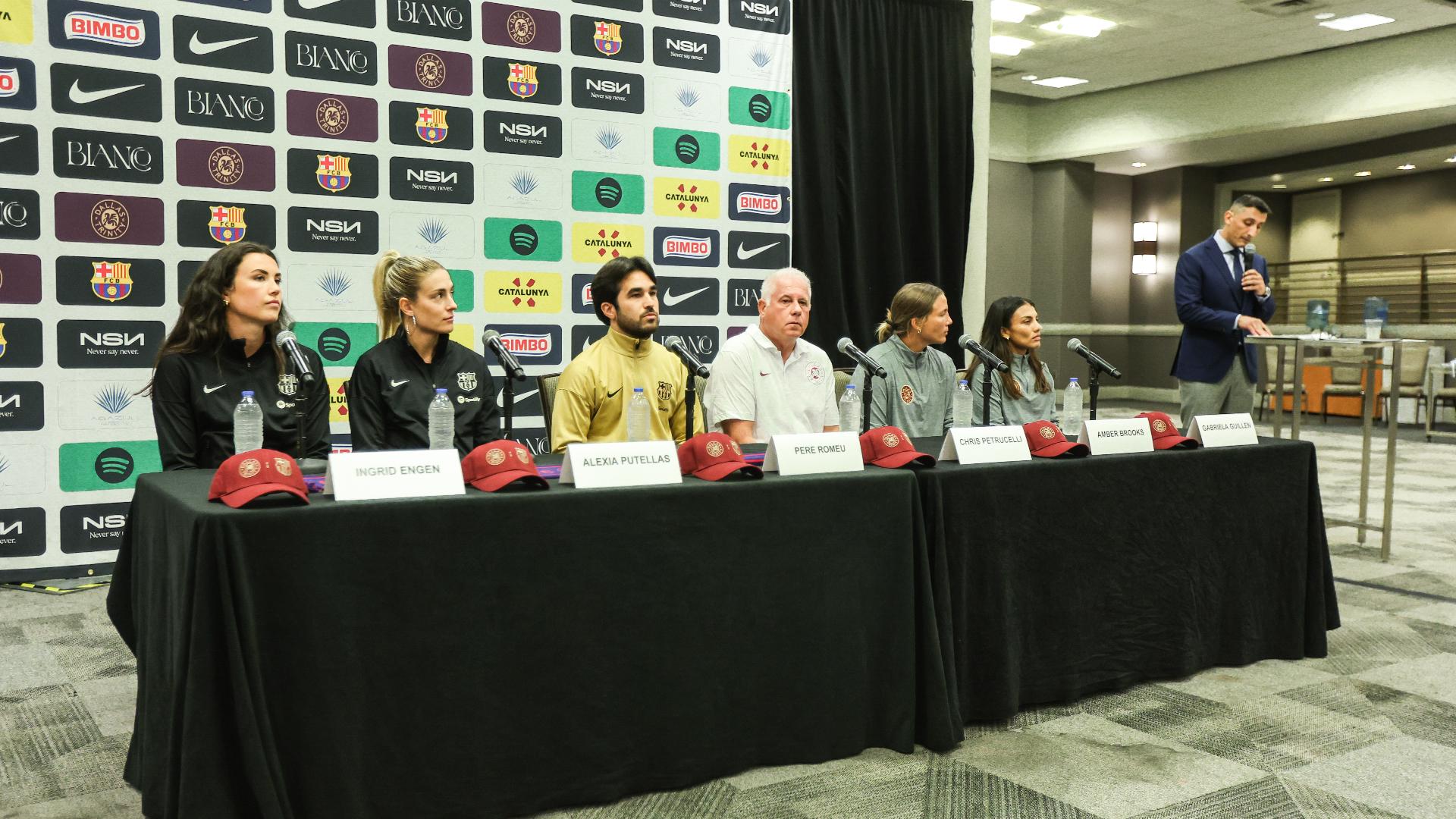 Dallas Trinity FC's Chris Petrucelli, Amber Brooks and Gabriela Guillén, and FC Barcelona's Pere Romeu, Alexia Putellas and Ingrid Engen speak to the media.