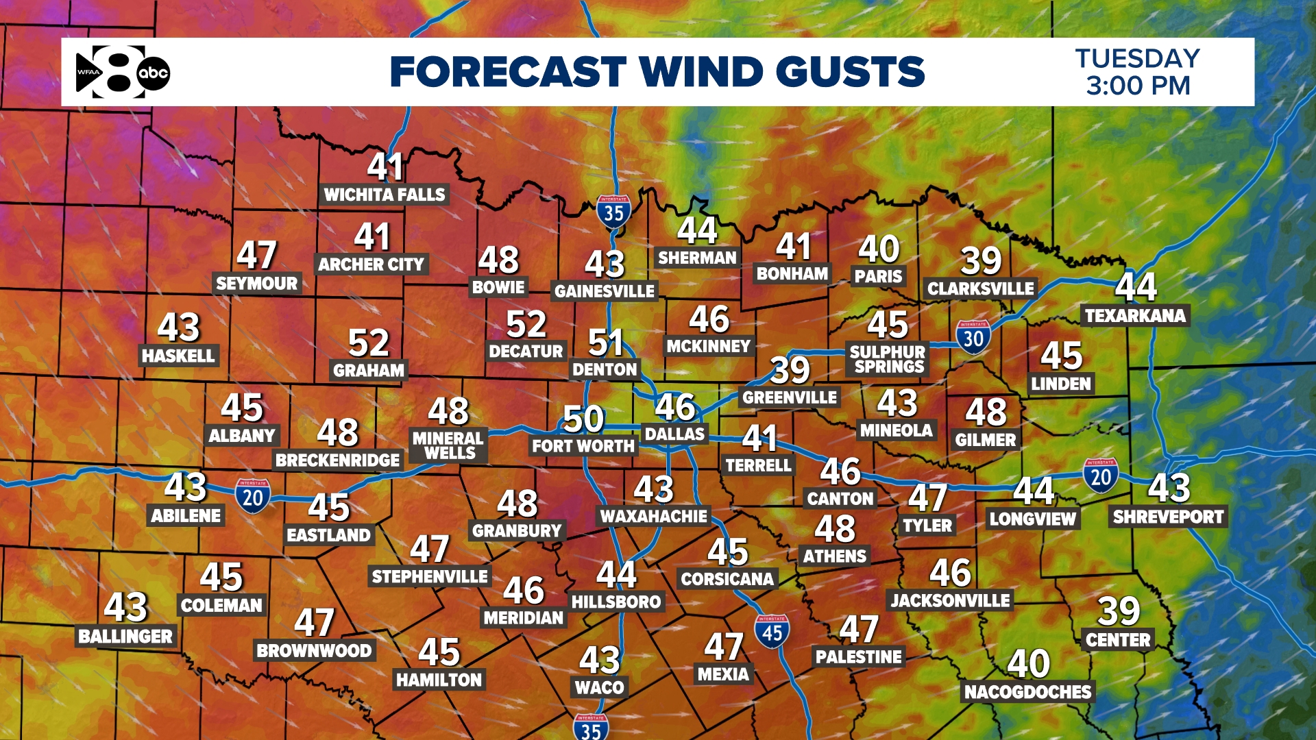 We will see wind gusts to 50 mph Tuesday afternoon