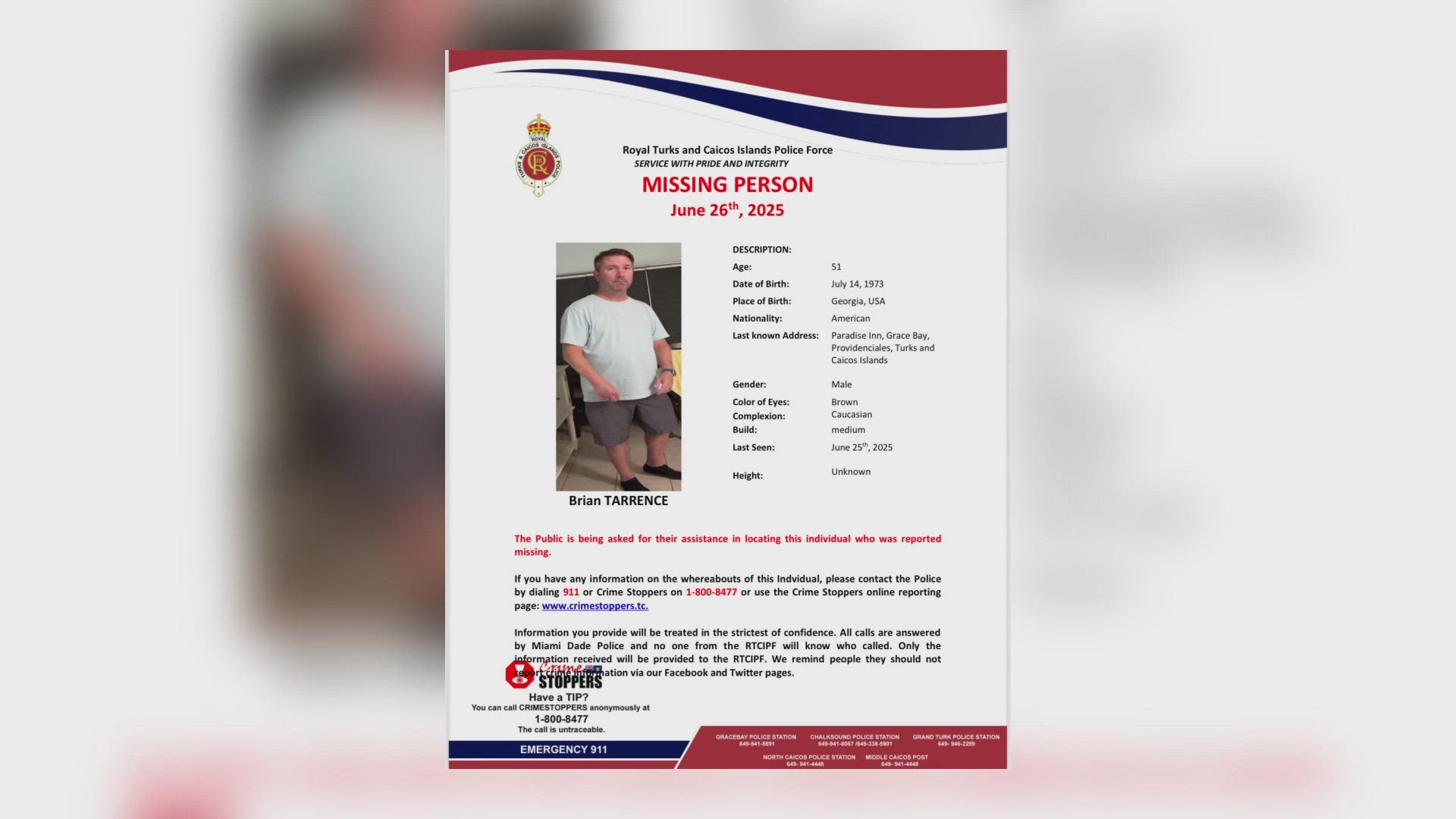 Police are searching for missing man Brian Tarrence.