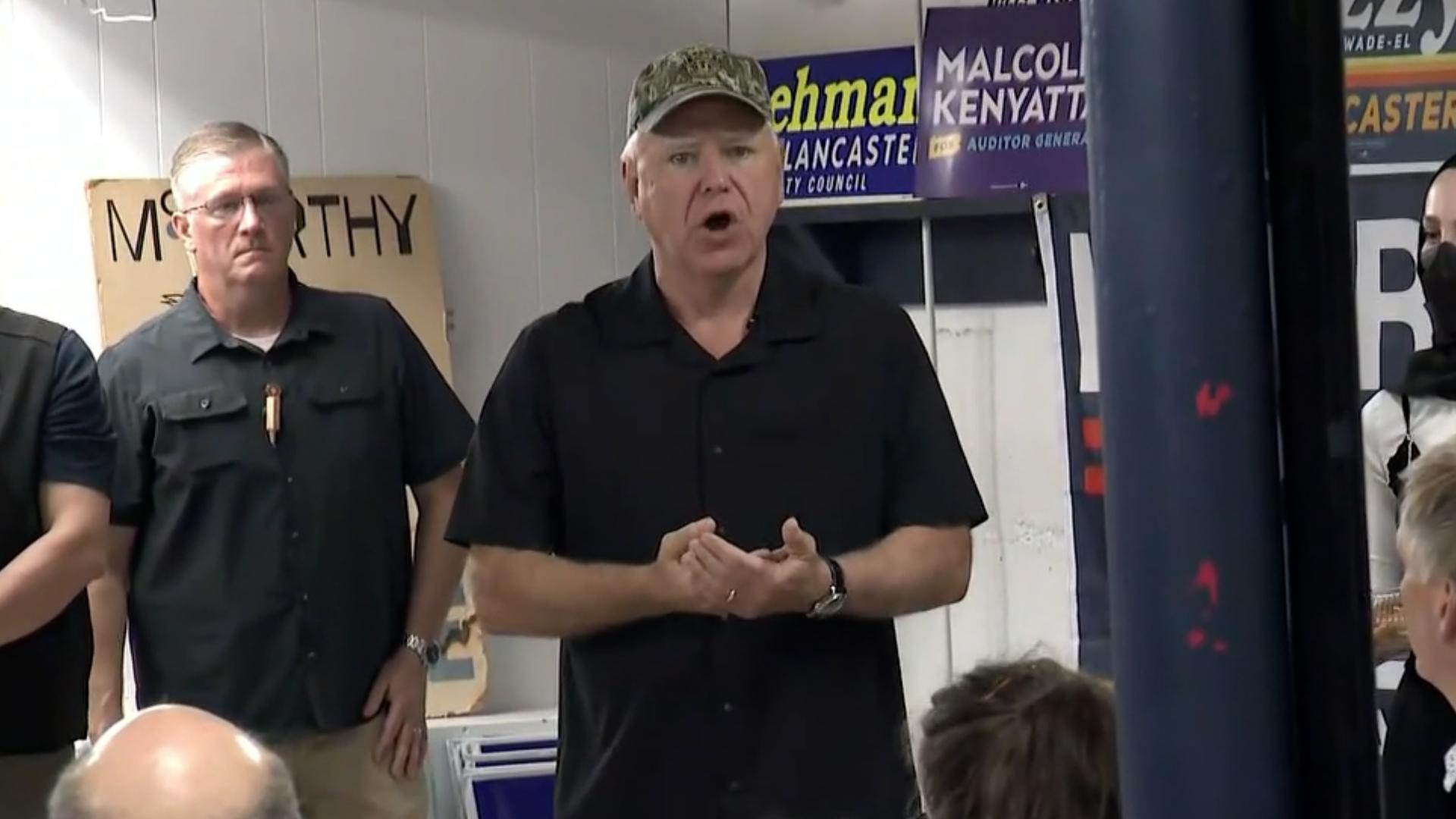 Minnesota Gov. Tim Walz spoke to volunteers at the Lancaster, Pennsylvania, Harris campaign office. Walz addressed the school shooting at Apalachee High School.