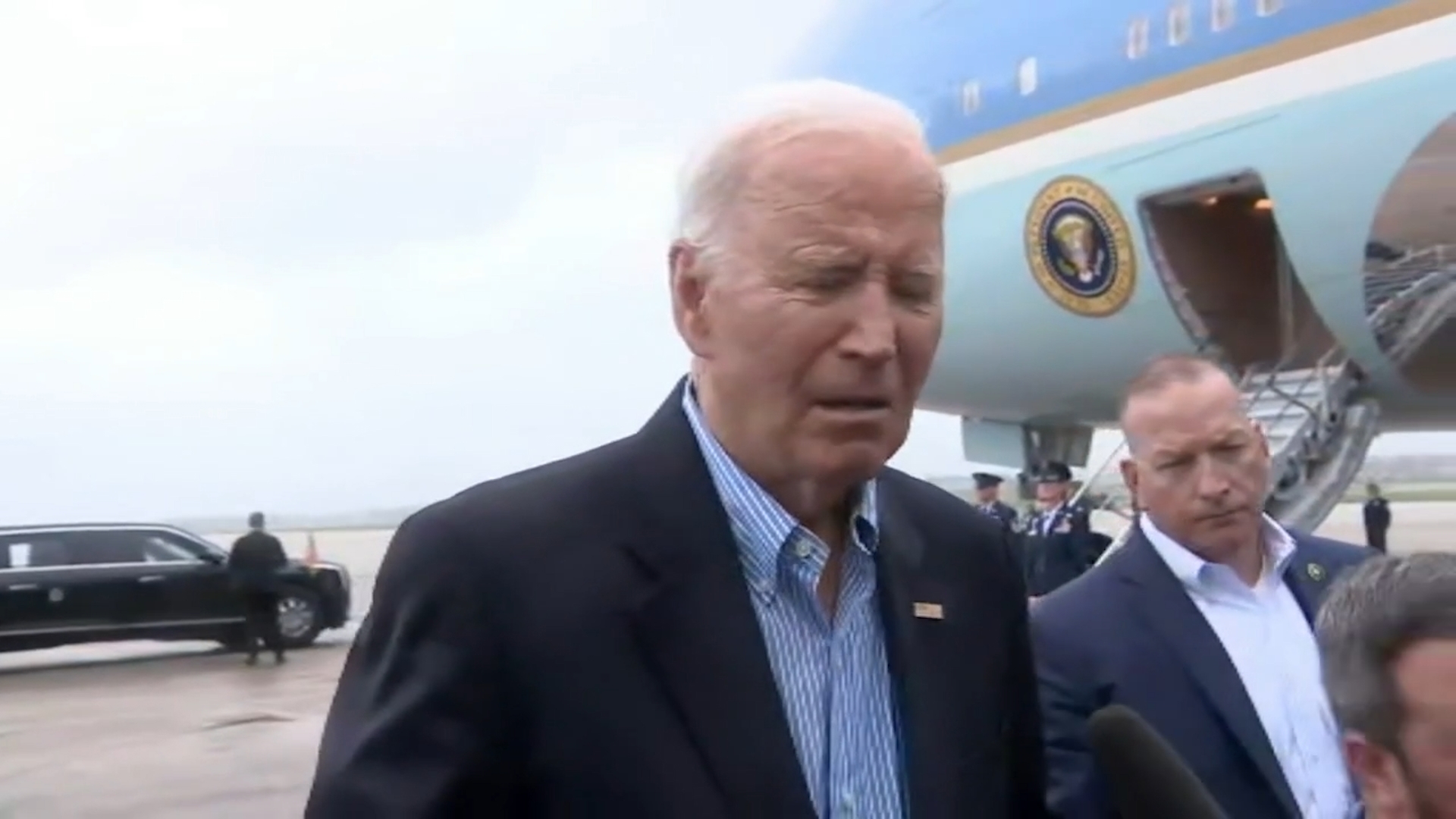 Joe Biden answered questions about the port strike as well as Iran's missile strike on Israel before heading to North Carolina on October 2, 2024.