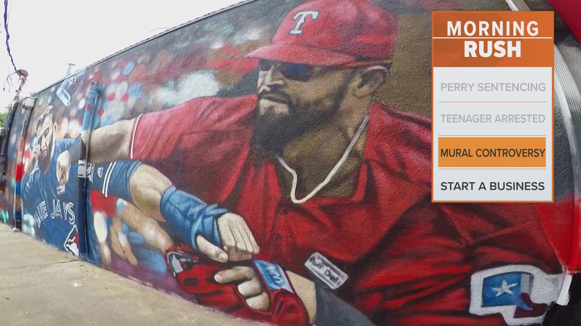 The mural shows the moment in 2016 when then-Texas Ranger second baseman Odor lost his temper over bat flips and aggressive slides from the Toronto Blue Jays.