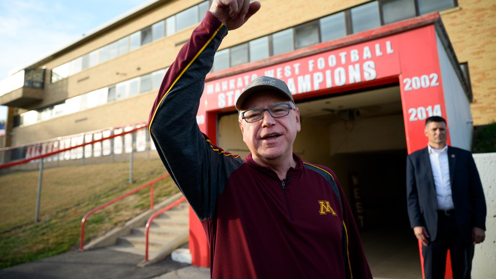 Tim Walz attended a football game in Mankato, Minnesota on Oct. 11, 2024. The football game was Mankato West playing Mankota East.