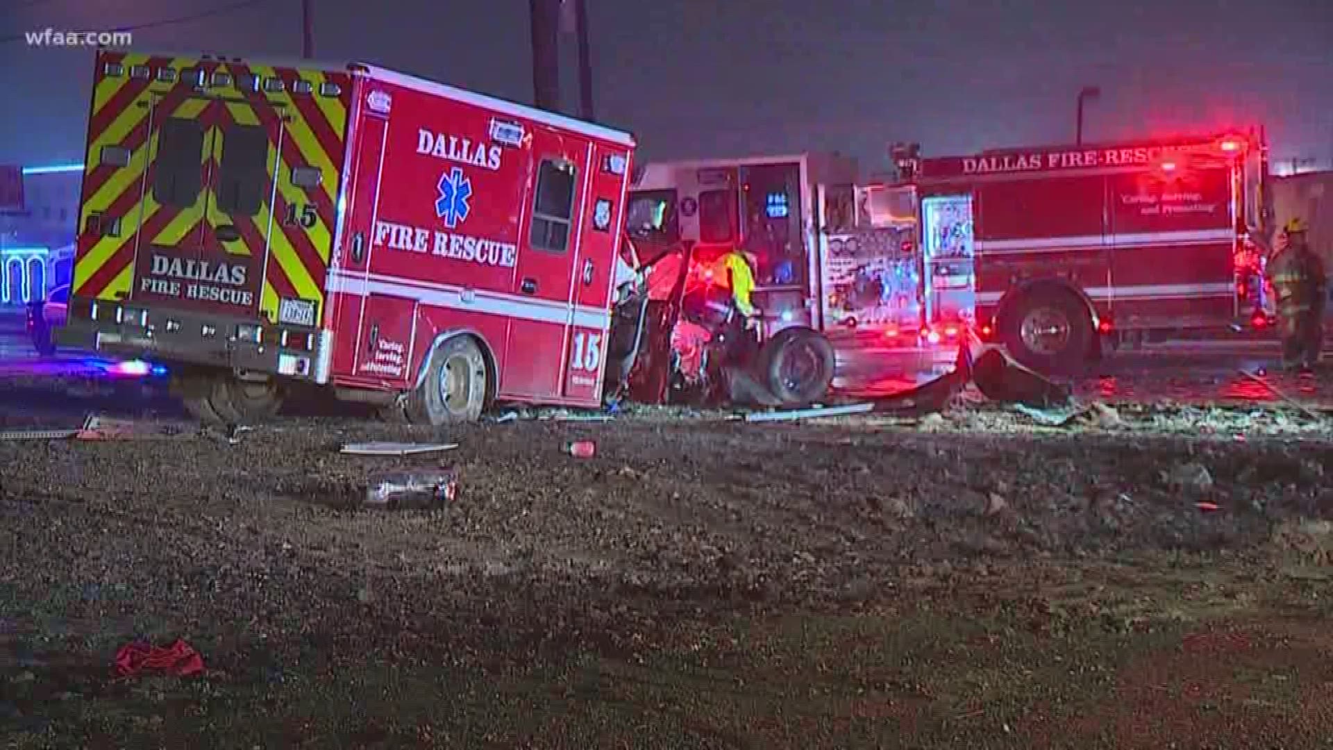 One person is dead and a fire department medic is in the hospital after a pick-up truck struck a Dallas Fire Rescue unit early Sunday morning.