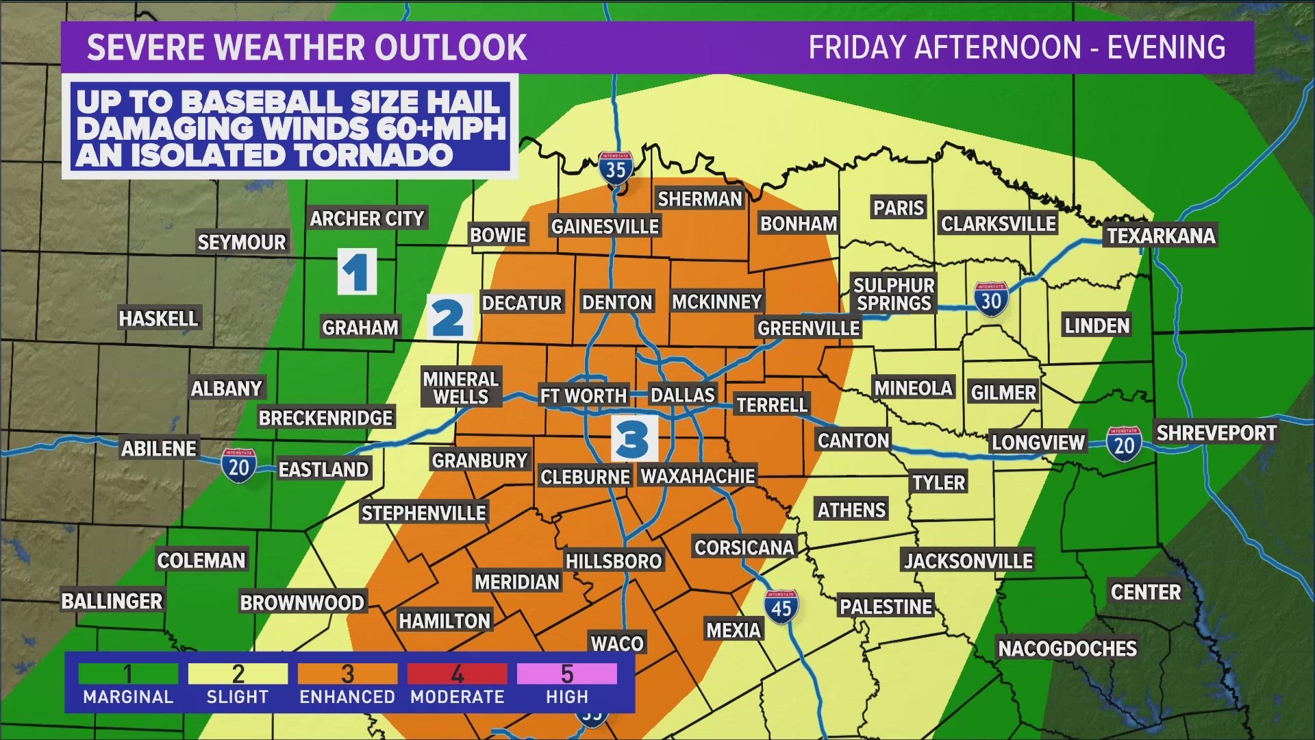 From 3 p.m. to 9 p.m. Friday hail and damaging winds faster than 60 mph are forecast in North Texas.