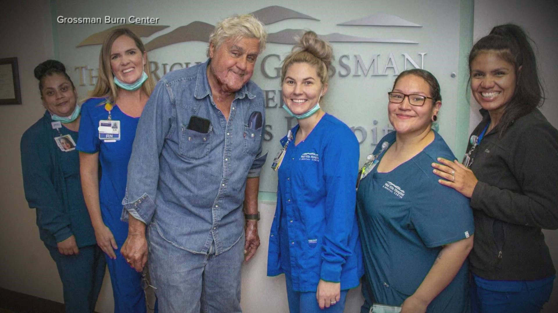 The burn center where Jay Leno was being treated shared a photo of the former "Tonight Show" host as he left the hospital.