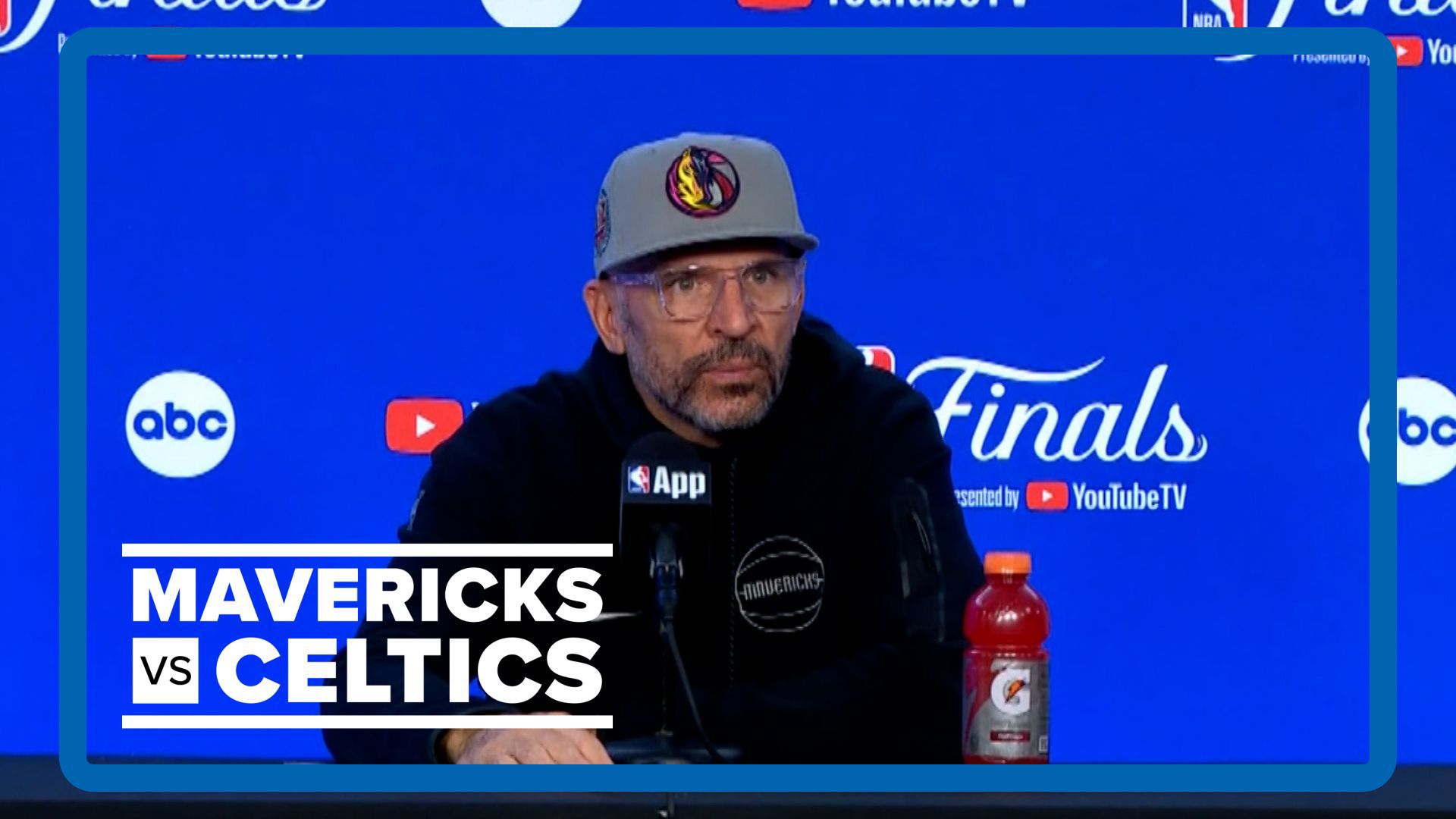 Head coach Jason Kidd gives his postgame interview after a Game 5 loss in the NBA Finals.