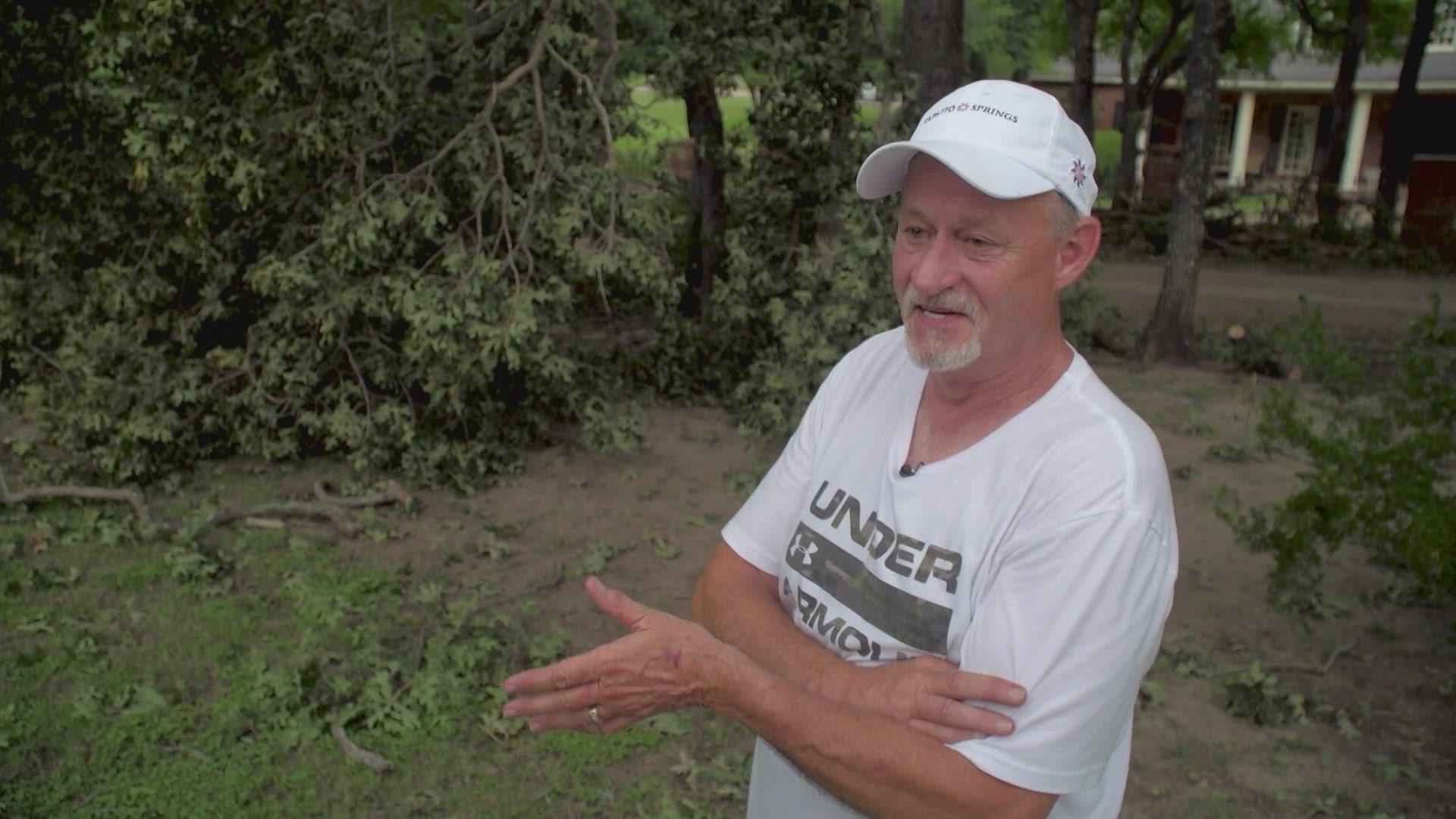 Bill Riley counted a dozen downed trees in his yard in northern Corsicana. One collapsed on his home, but he's not sure of the damage it caused.