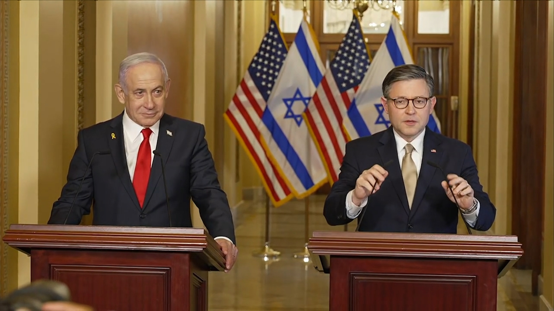 Israeli PM Benjamin Netanyahu and House Speaker Mike Johnson delivered remarks at the Capitol on Feb. 7, 2025.