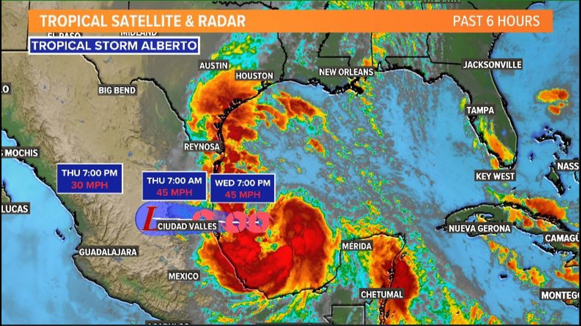 Follow along live as we track Tropical Storm Alberto formed off the coast of Texas on Wednesday in the southwestern Gulf of Mexico.