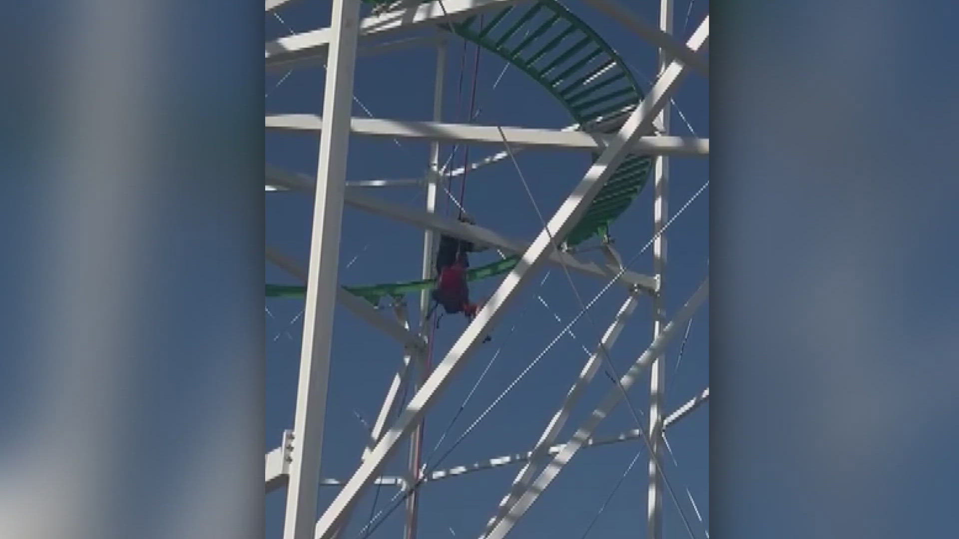 Nine people had to be rescued by Grand Prairie firefighters after a rollercoaster broke down at a flea market in North Texas.