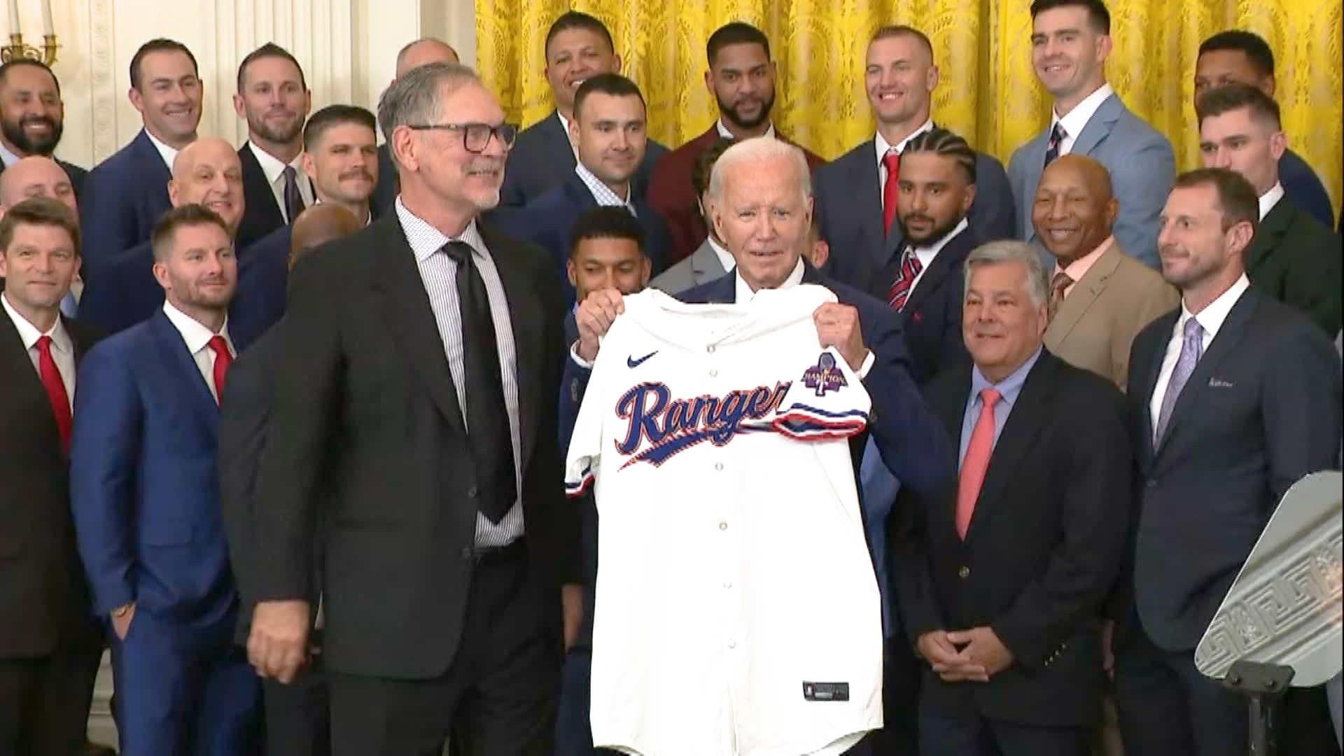 Joe Biden welcomed the 2023 World Series champion Texas Rangers to the White House on August 8, 2024.