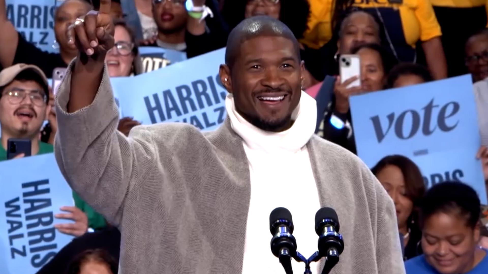 Usher speaks at Kamala Harris campaign rally in Atlanta, GA (Oct. 19