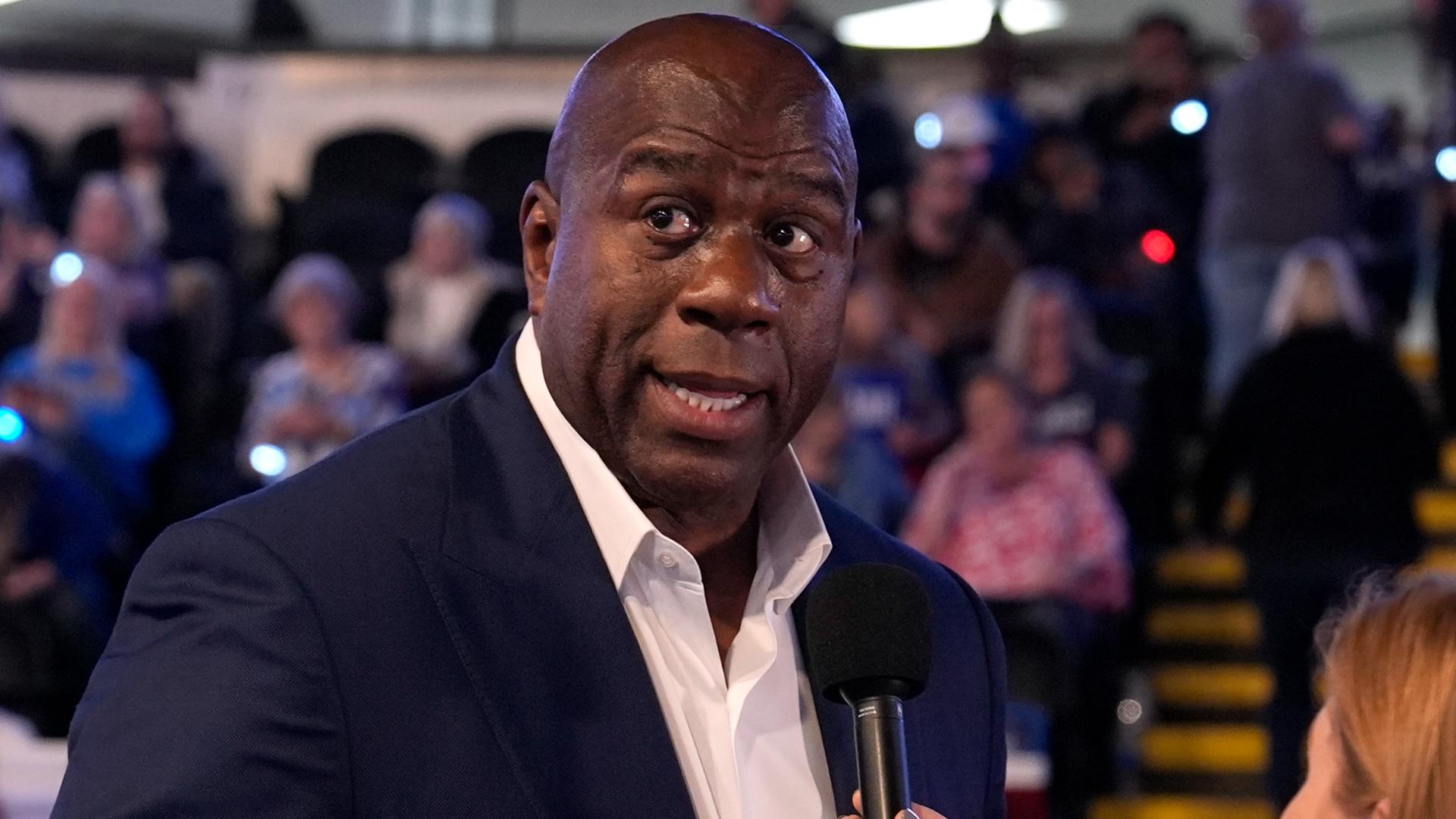 NBA legend Magic Johnson said he takes “great pride” in back ing Vice President Kamala Harris during an interview in Flint, Michigan, on October 4, 2024.