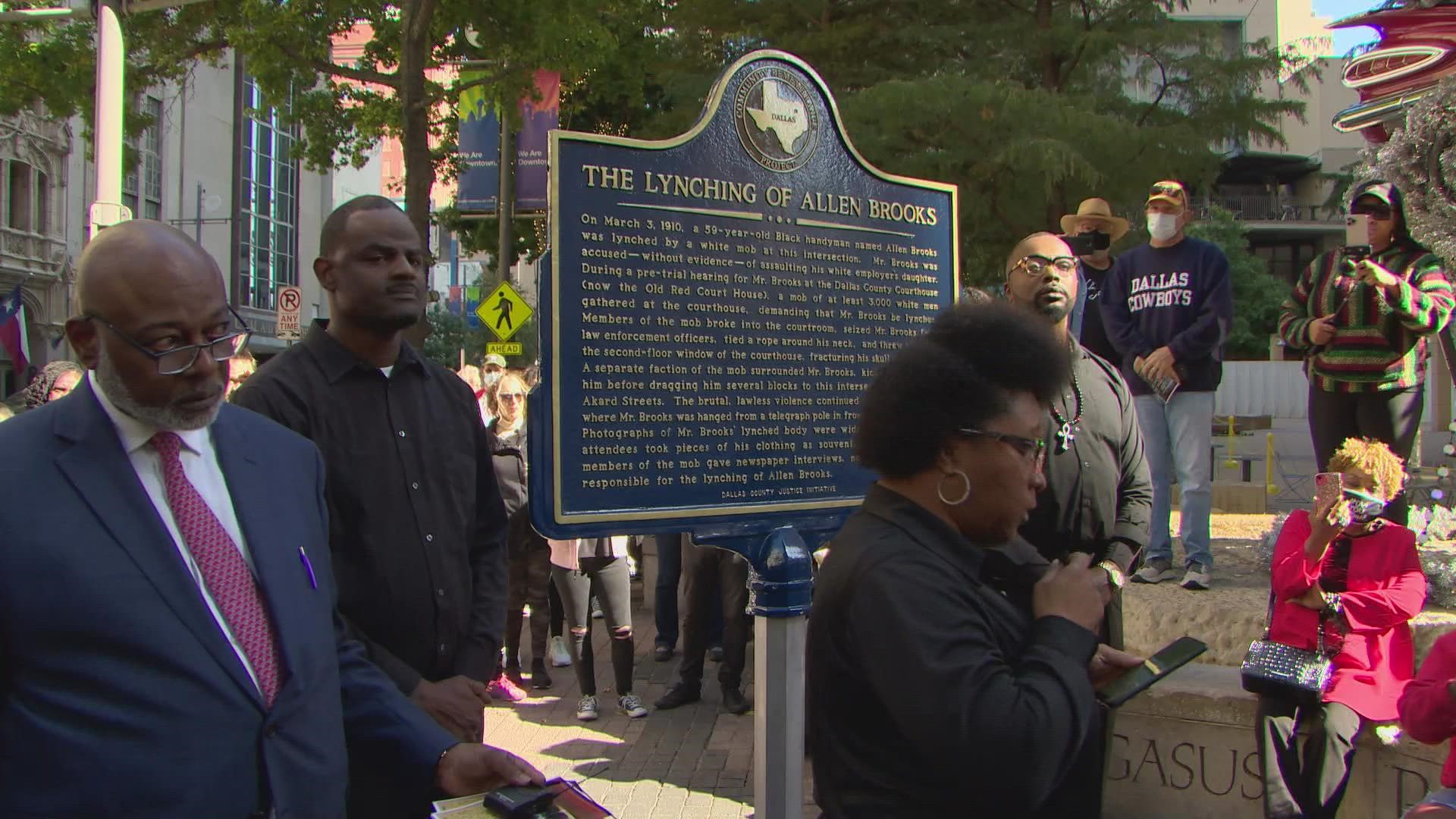 More than 111 years after he was lynched in downtown Dallas, a memorial for Allen Brooks marks where it happened.