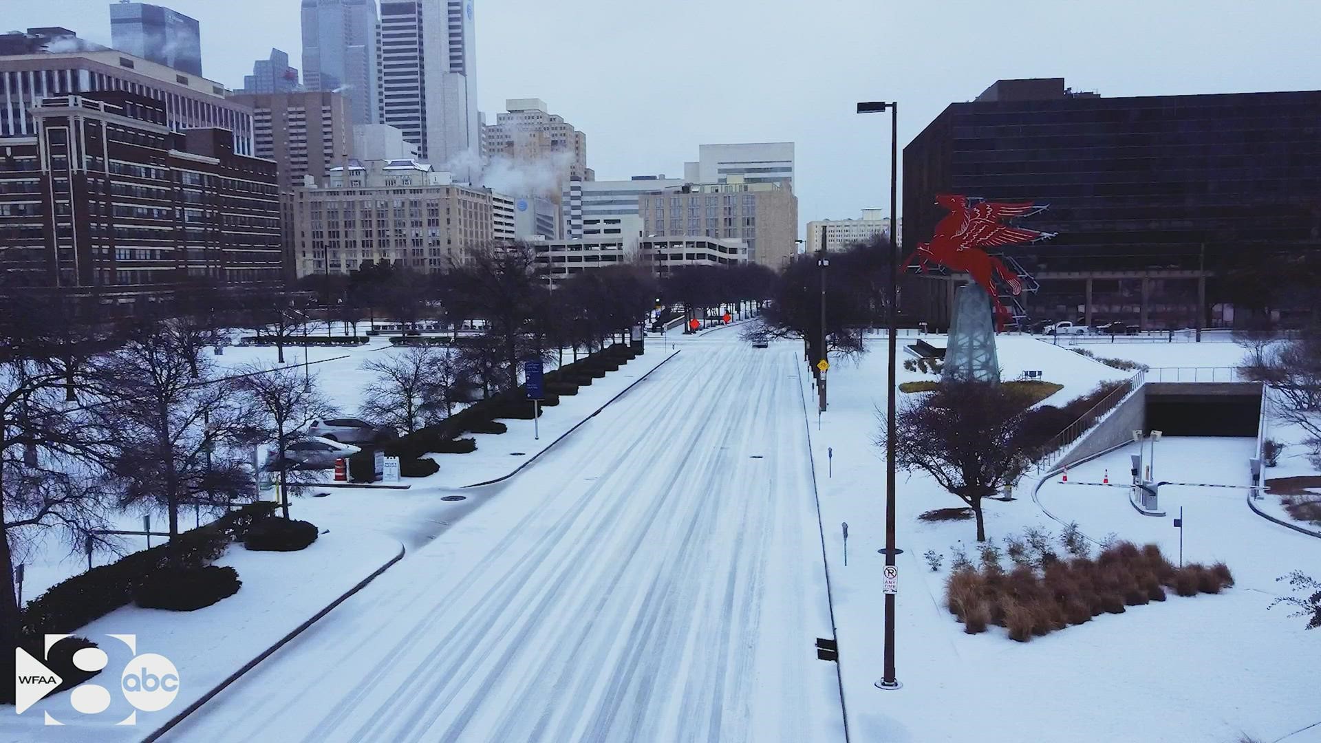 Downtown Dallas looked like a snow globe -- but it was just ice and sleet. Here's a drone look via Marc Istook.