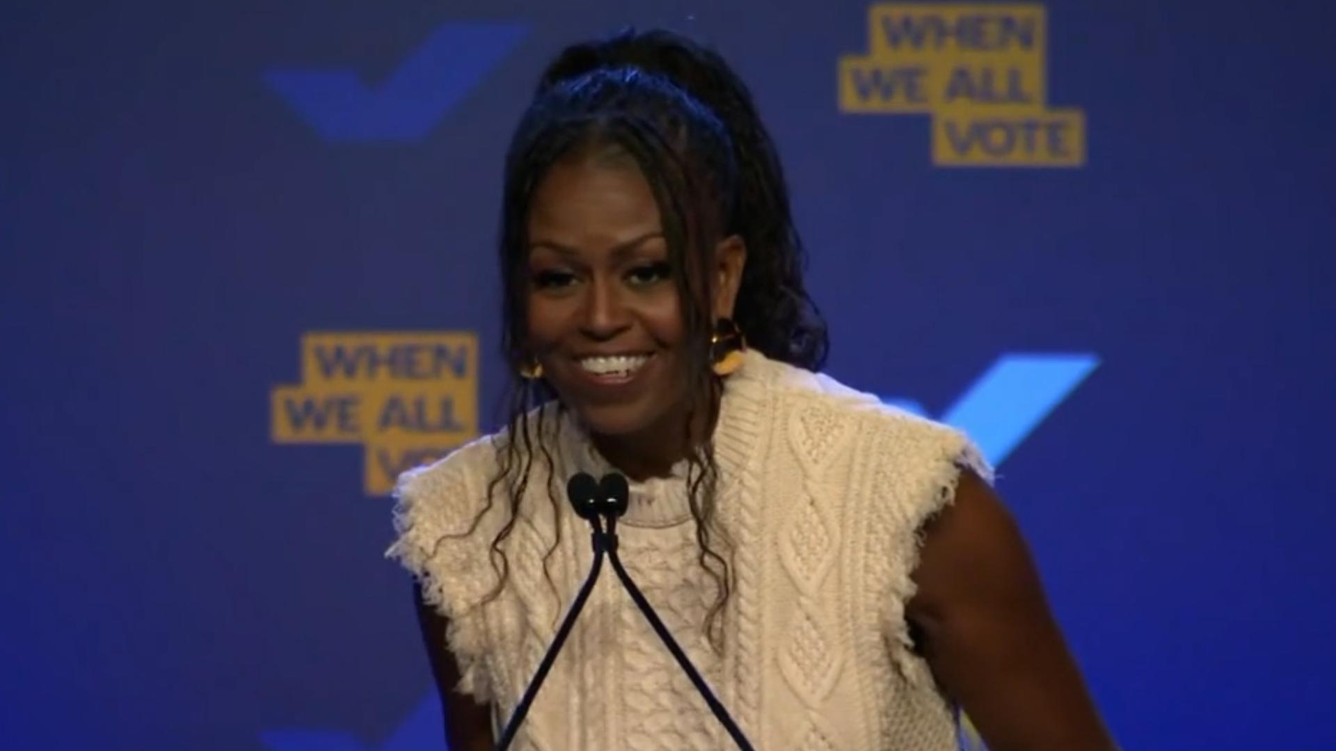 Former First Lady Michelle Obama delivered a speech at a Harris-Walz campaign event in College Park, Georgia, on October 29, 2024.