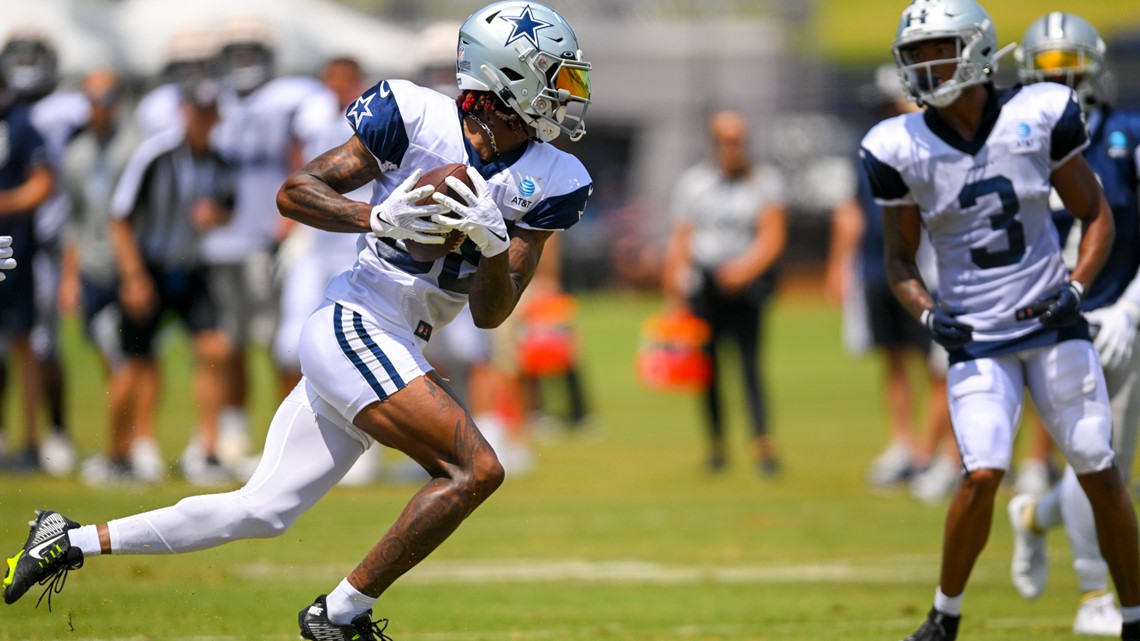 Dallas Cowboys wide receiver Brandon Smith makes a reception as he takes  part in passing drill during NFL football training camp, Wednesday, July  27, 2022, in Oxnard, Calif. (AP Photo/Gus Ruelas Stock