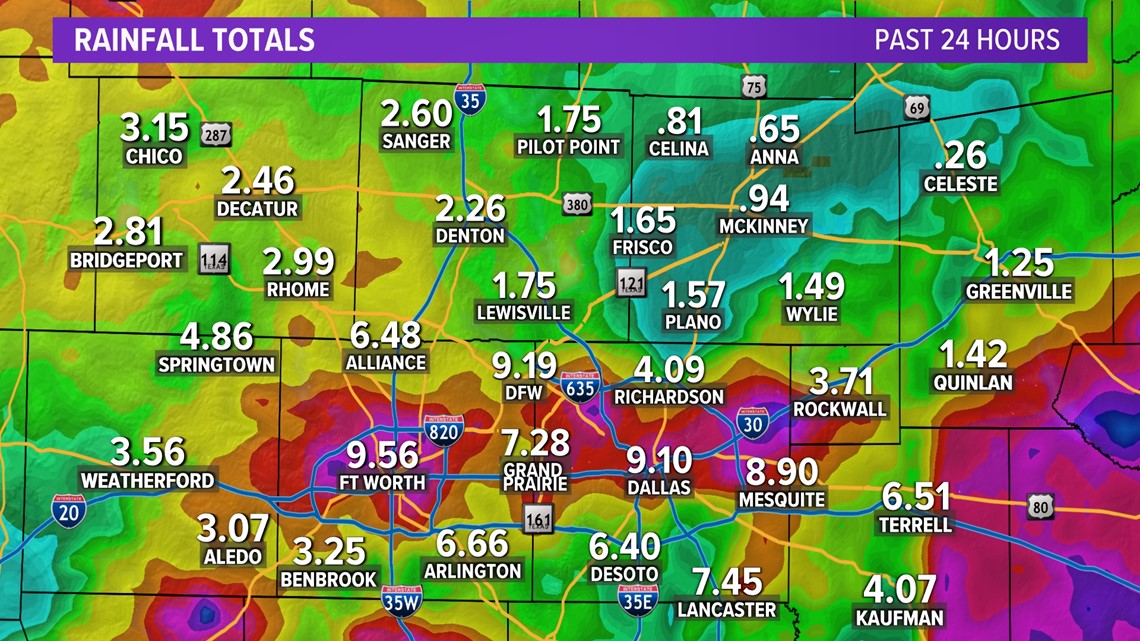 DFW weather Dallas Fort Worth area flood map, rainfall totals