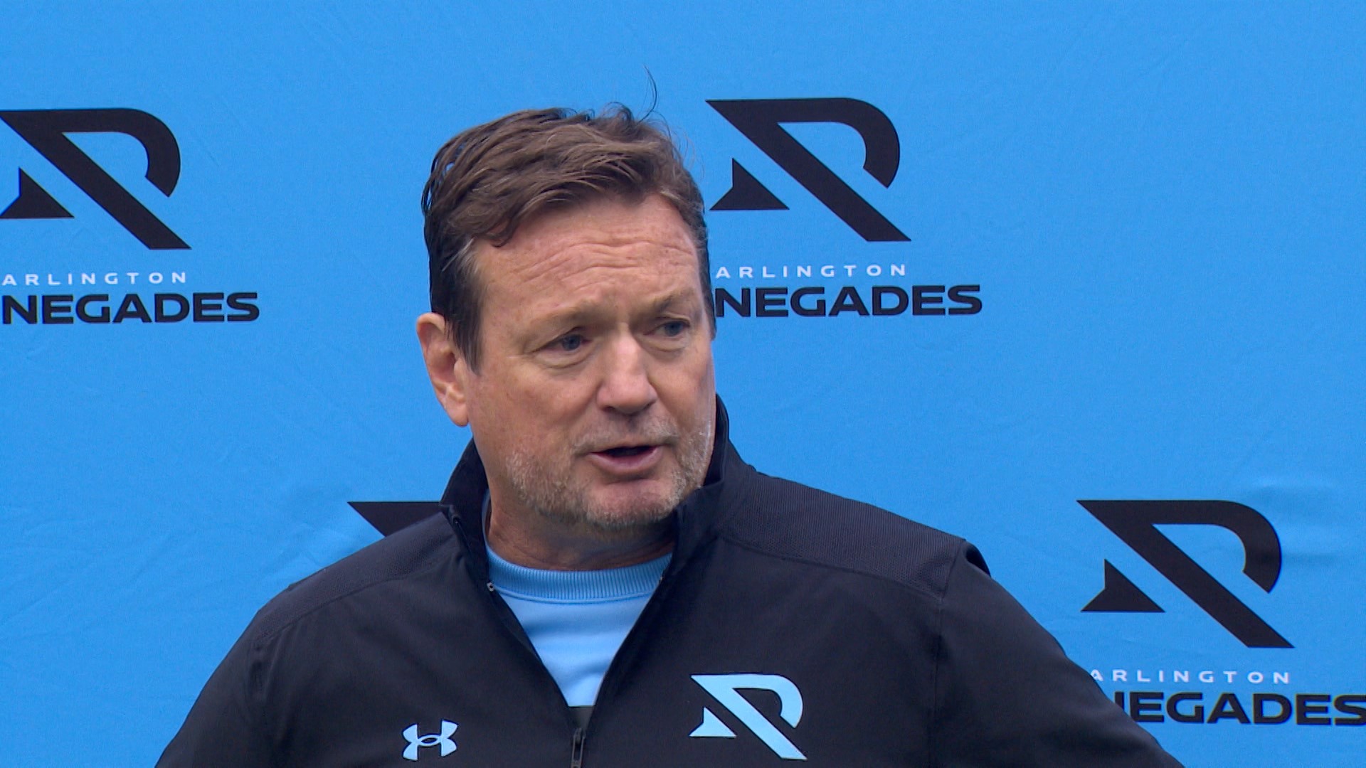 Arlington Renegades coach Bob Stoops talks to the media about the upcoming UFL season and practice.