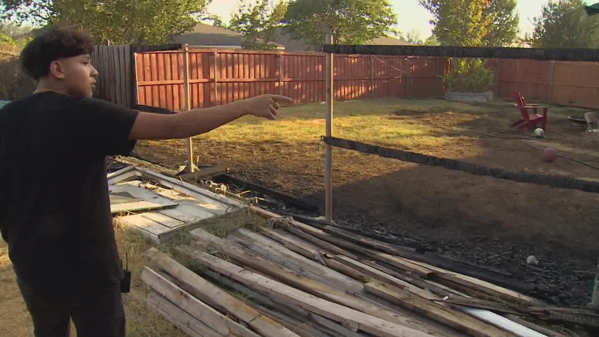 The fence between the 13-year-old's Balch Springs house and his neighbor’s house was on fire Monday afternoon.