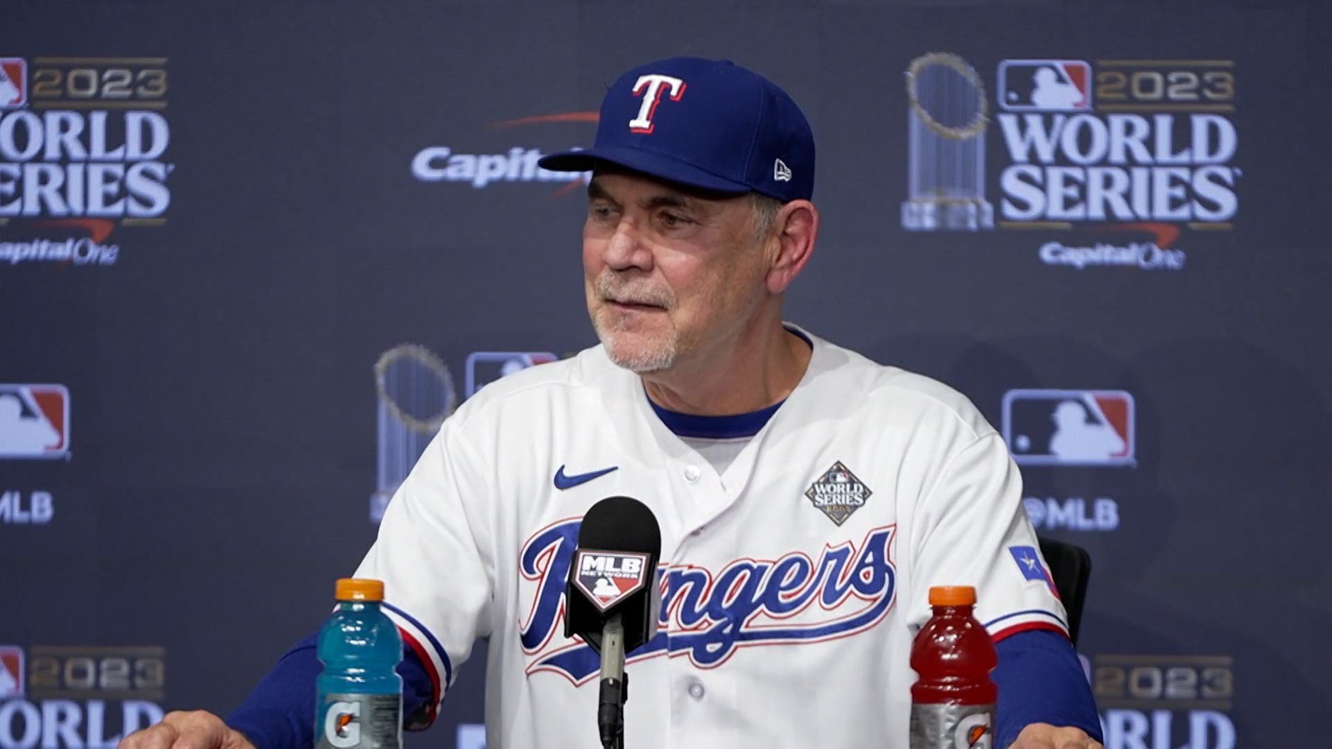 Texas Rangers manager Bruce Bochy reacted to the club's walk-off win in Game 1 of the World Series.