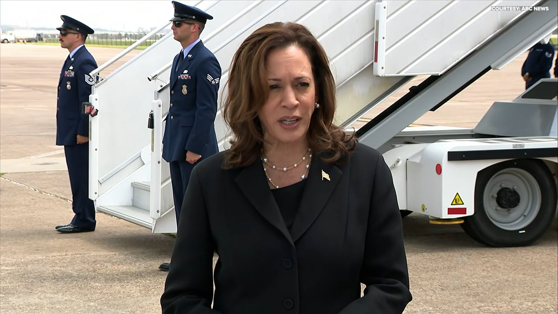 Vice President Kamala Harris made statements to reporters about the historic prisoner swap between the U.S. and Russia Thursday in Houston.