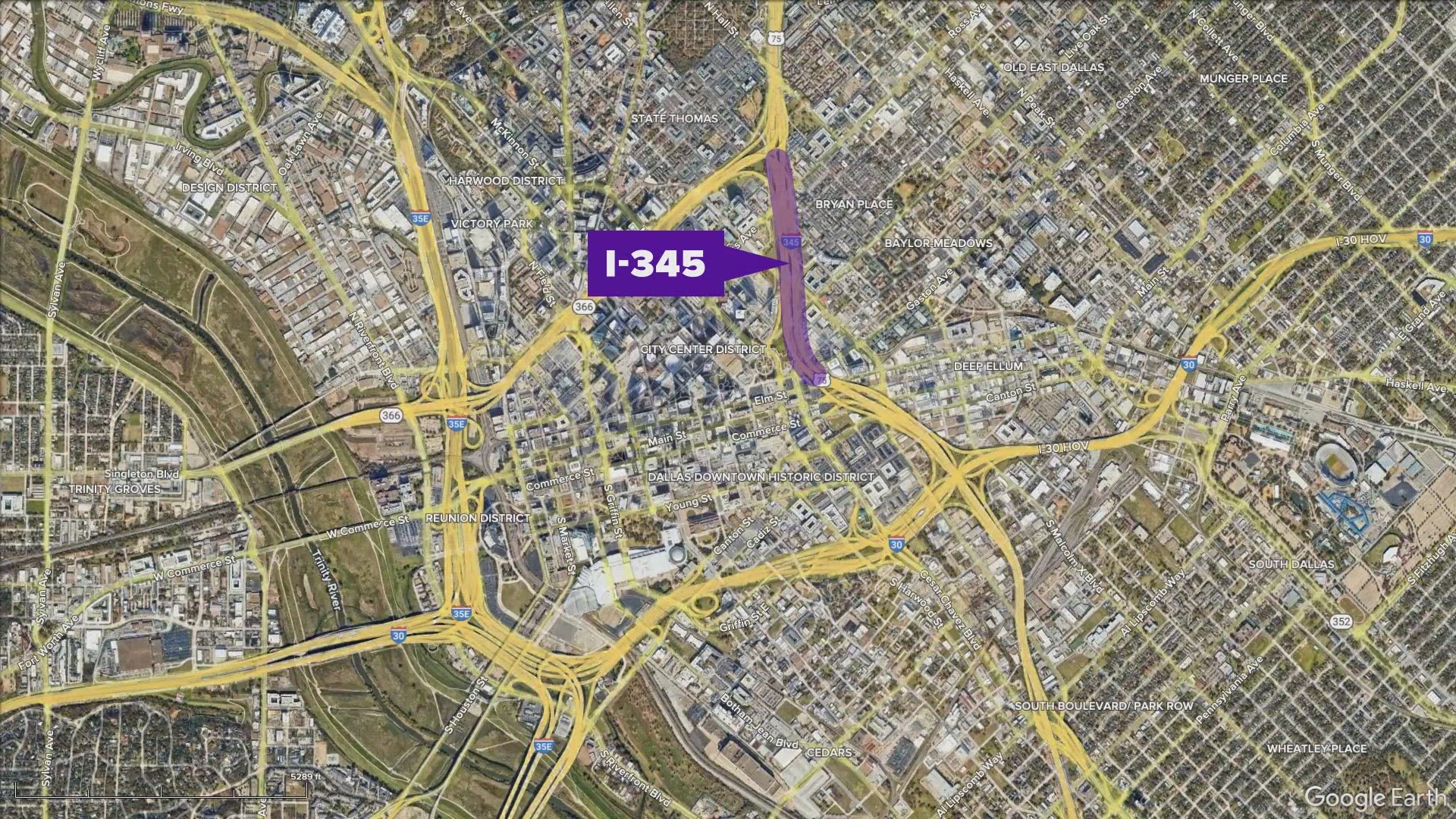 The current plan would see TxDOT trench a stretch of the current I-345 overpass in a manner that would see it look more similar to the nearby U.S. 75.