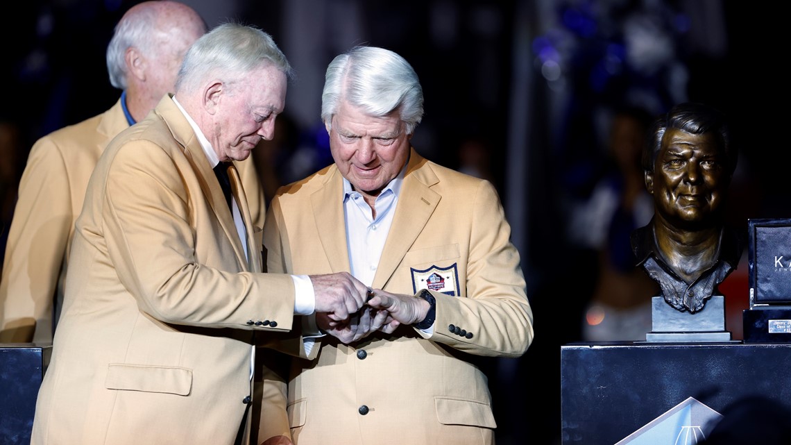 Former Dallas Cowboys quarterback Troy Aikman, wearing one of his Super  Bowl rings, listens during the ceremony announcing the Pro Football Hall of  Fame class of 2006 on Saturday, Feb. 4, 2006