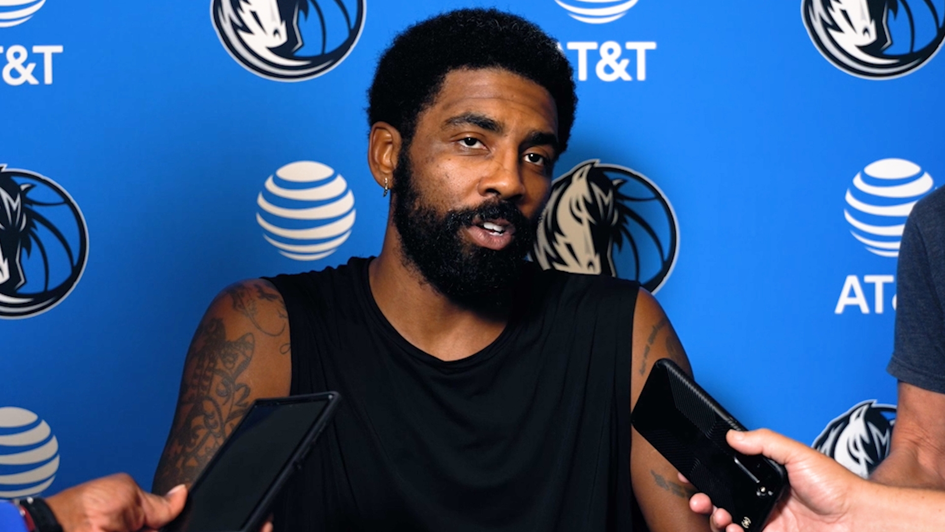 Dallas Mavericks guard Kyrie Irving spoke to the media at a practice on October 21, 2024.