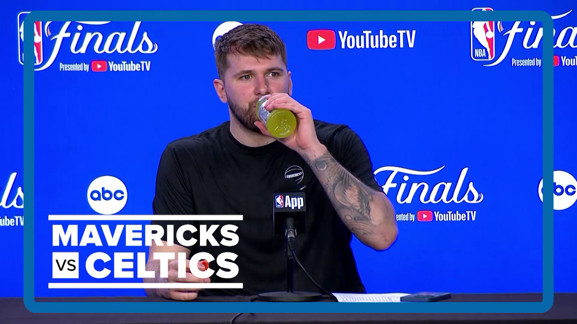 Luka Doncic speaks to media after a dominant 122-84 win over the Celtics.
