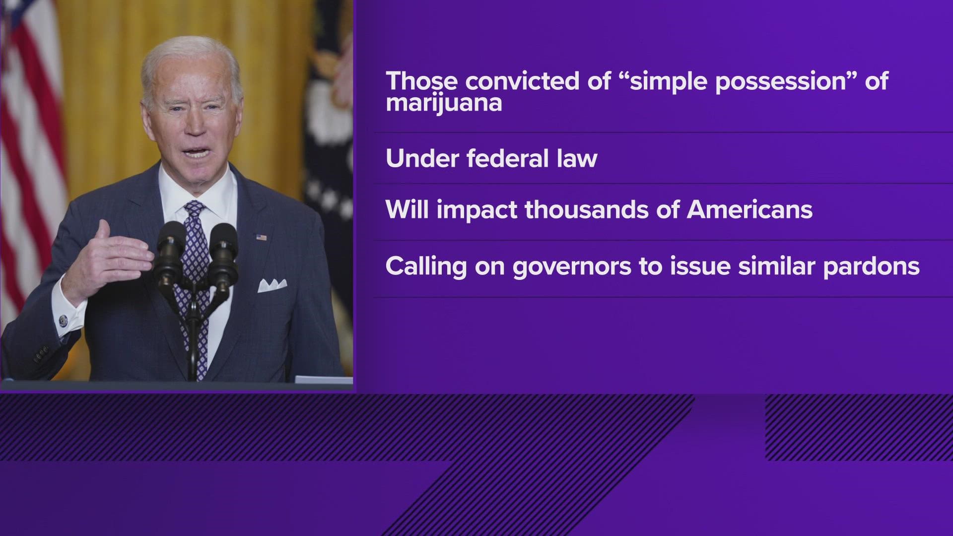 Biden is also calling on governors to issue similar pardons for those convicted of state marijuana offenses.