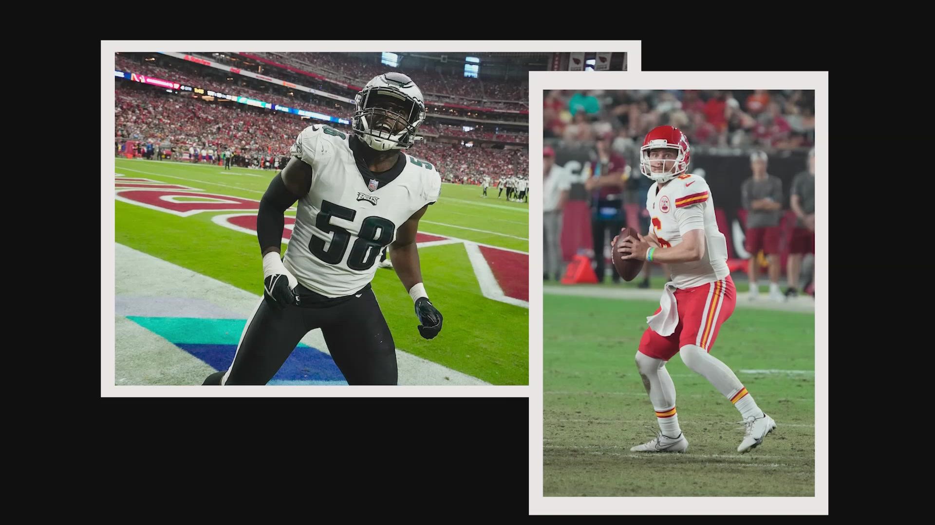 Shane Buechele is a backup quarterback for the Kansas City Chiefs. Linebacker Kyron Johnson is in his rookie season with the Philadelphia Eagles.