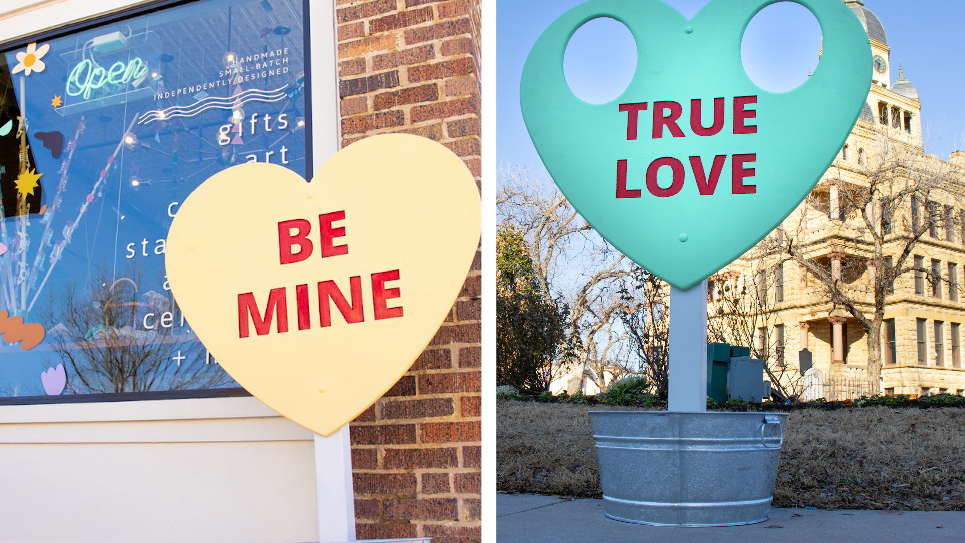 The city of Denton said in a release it had decorated its downtown area with vibrant hearts to encourage people to explore the local businesses.