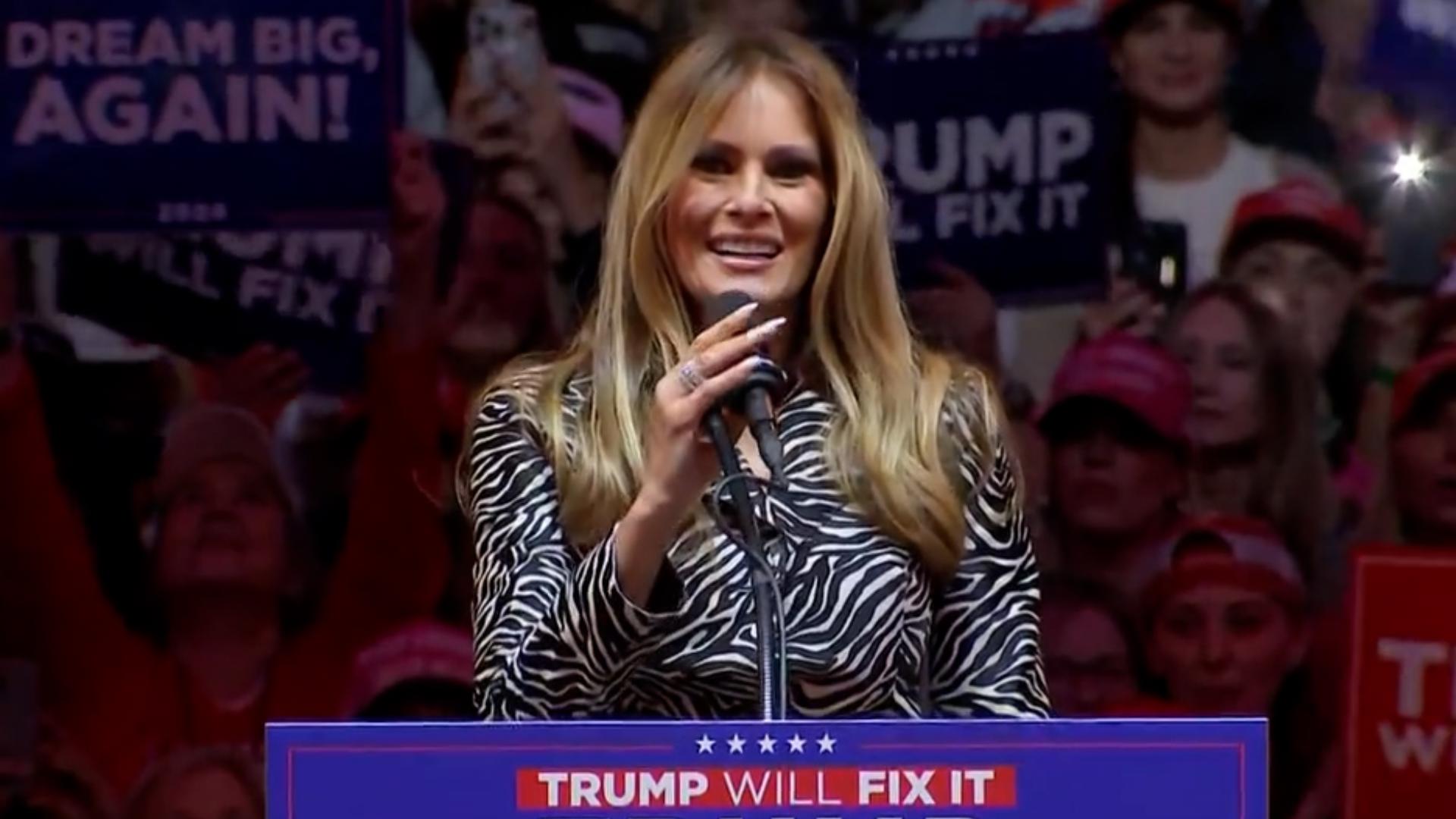 Former First Lady Melania Trump delivered remarks at a campaign event inside Madison Square Garden in New York City on October 27, 2024.