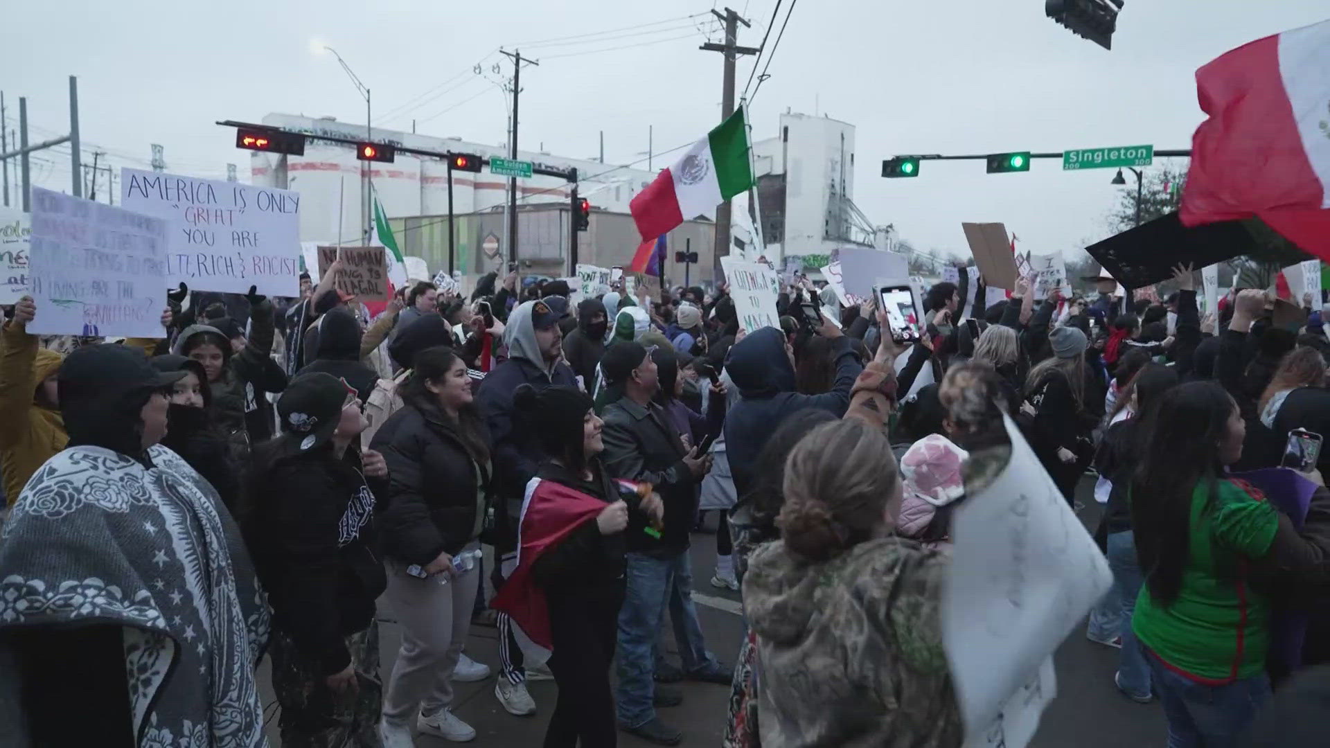 Hundreds of people protested near the Margaret Hunt Hill Bridge on Sunday.