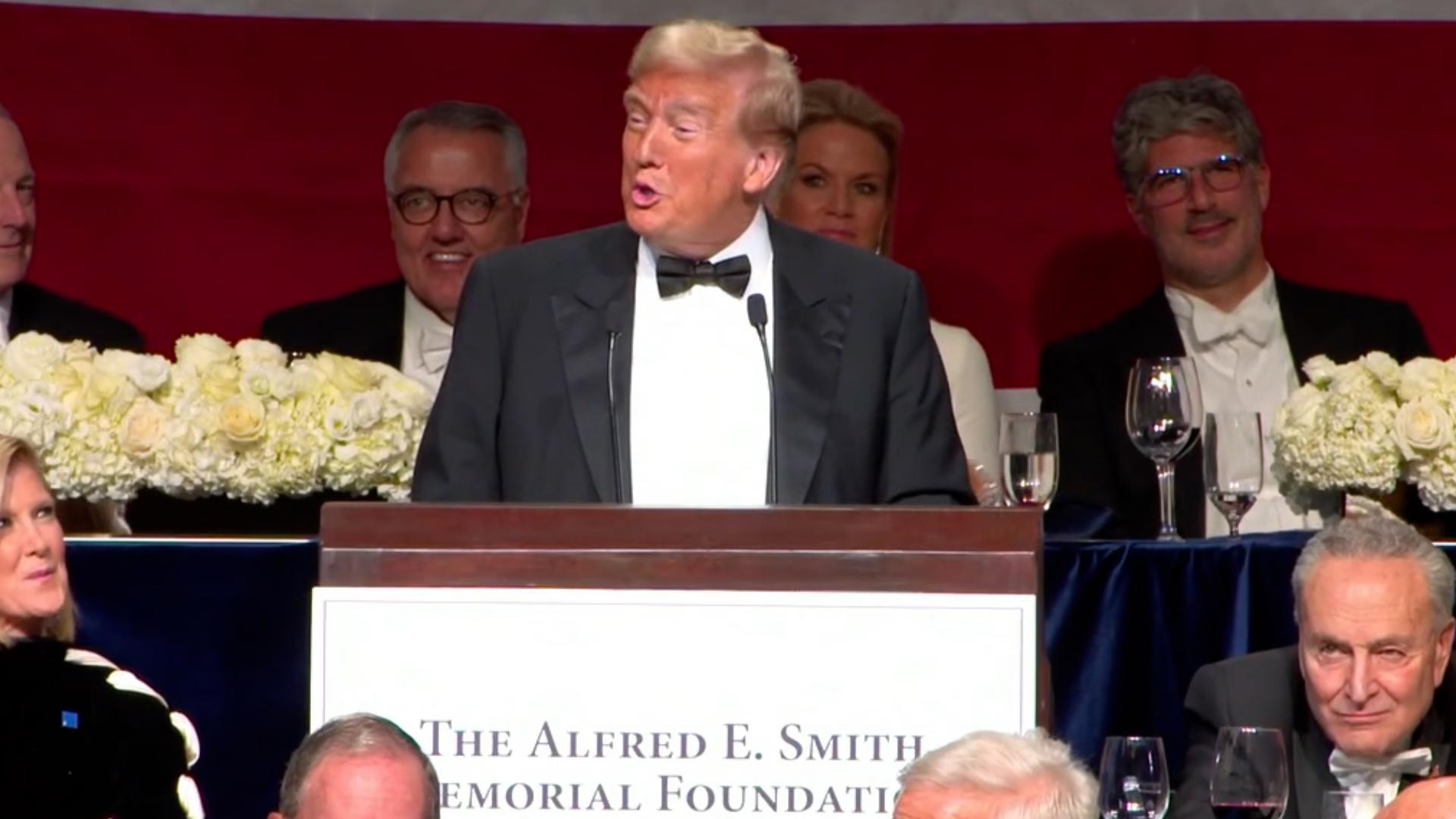 Former President Donald Trump delivered remarks at the Al Smith Dinner, which benefits New York City Catholic charities, in NYC on October 17, 2024.