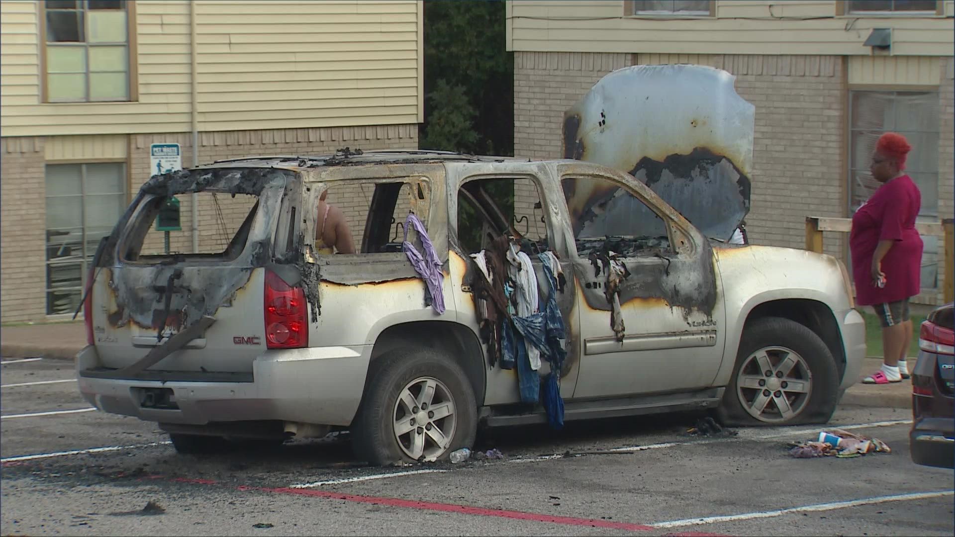 "This is crazy," said Roshunda Tilly, who found her SUV burned. Tilley said a neighbor called her while she was at work and she rushed home to see the damage.