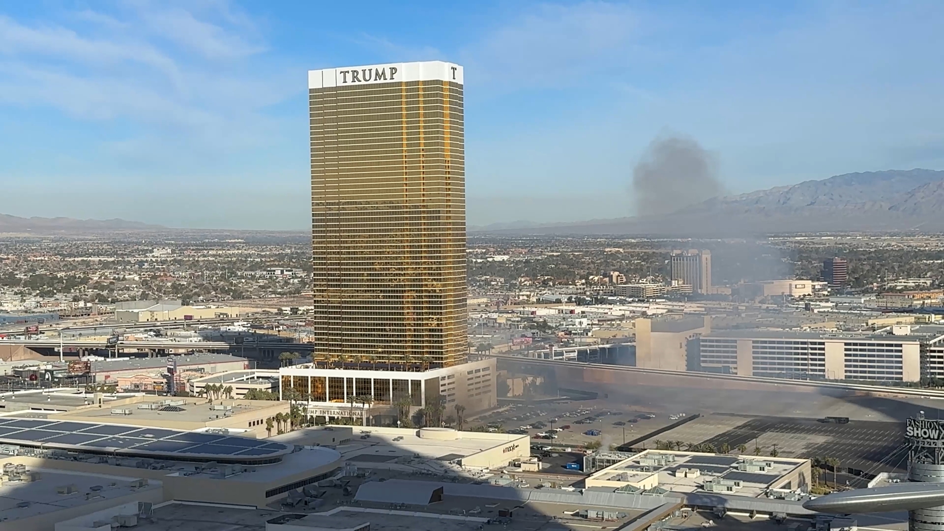 Chopper footage shows people evacuating Trump Hotel in Las Vegas after a Tesla Cybertruck exploded there.