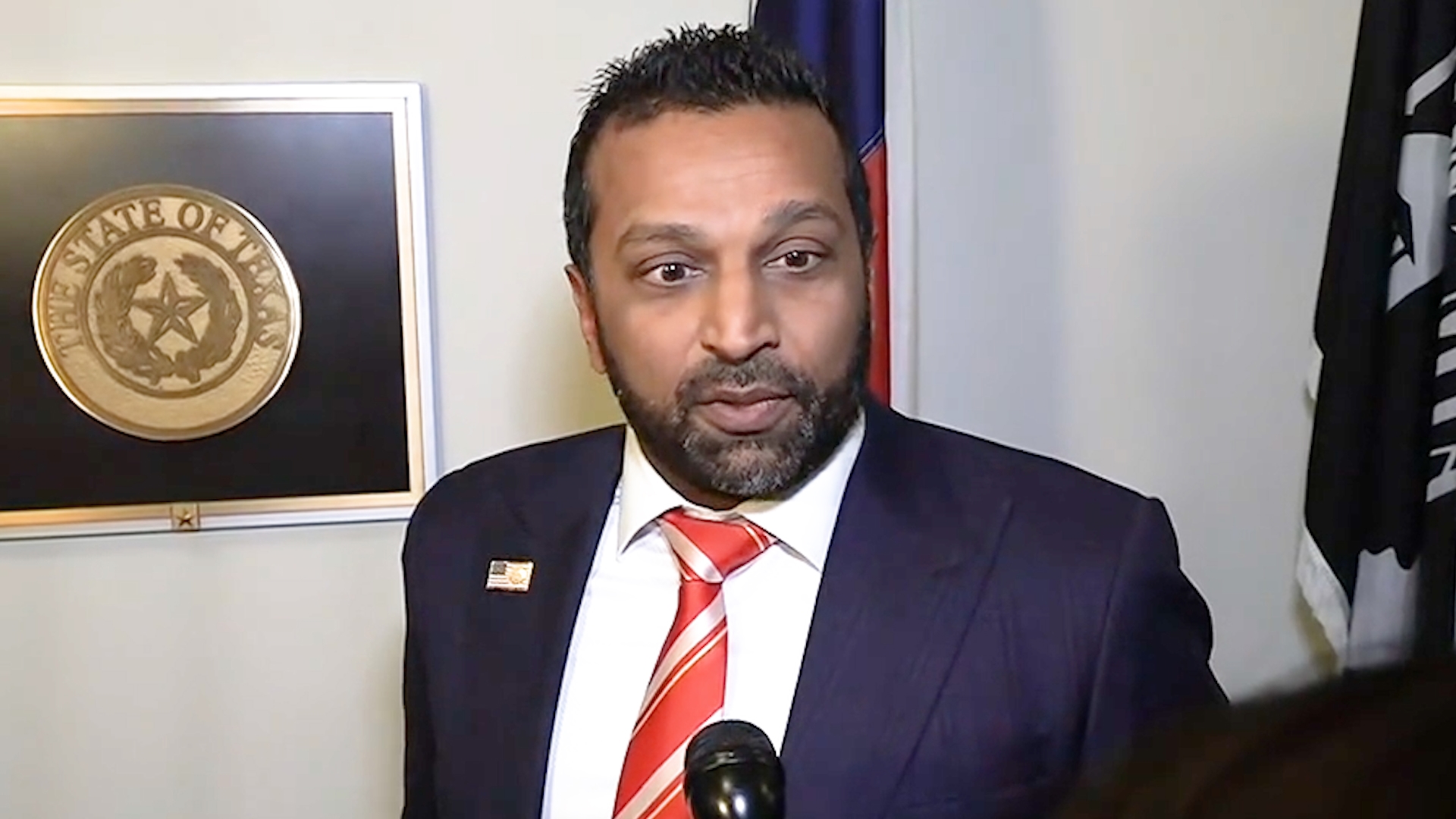 Kash Patel spoke briefly with reporters on Dec. 12, 2024, before meeting with Texas Sen. Ted Cruz.