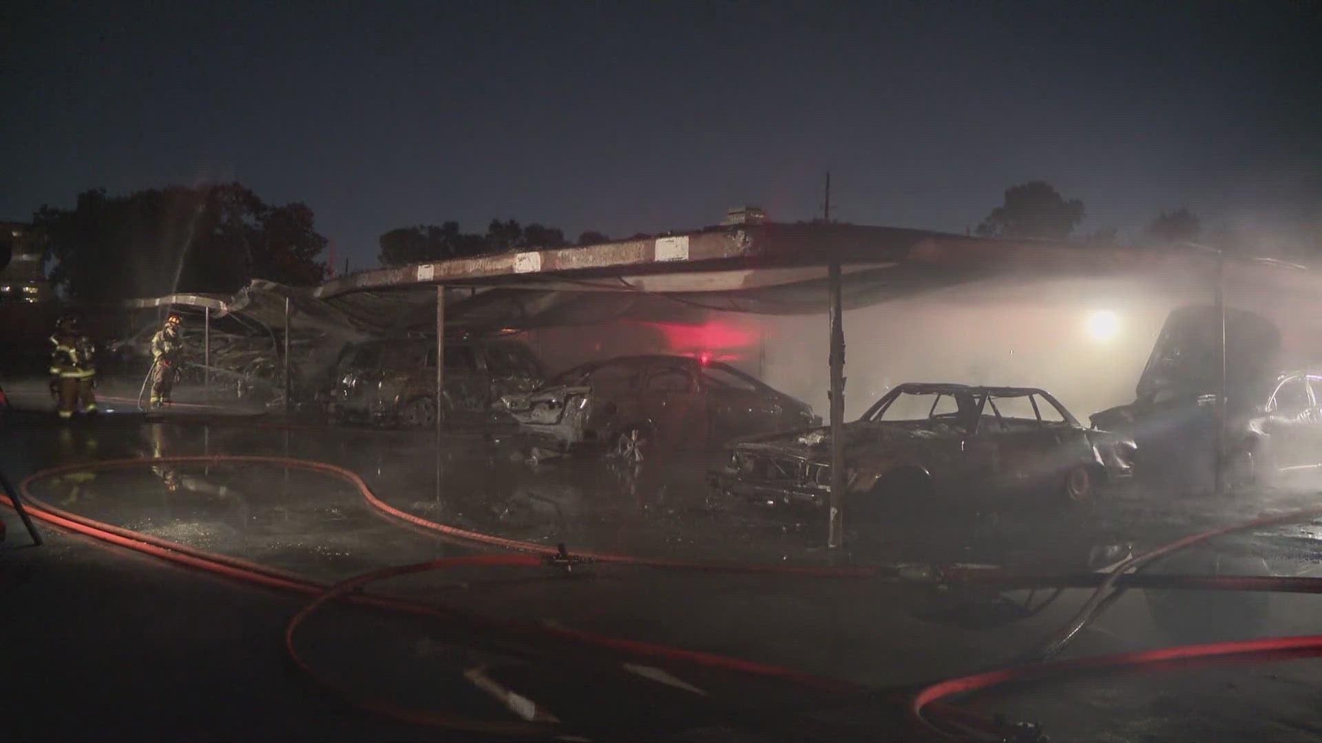 A massive fire that destroyed dozens of cars at an apartment complex in Houston.