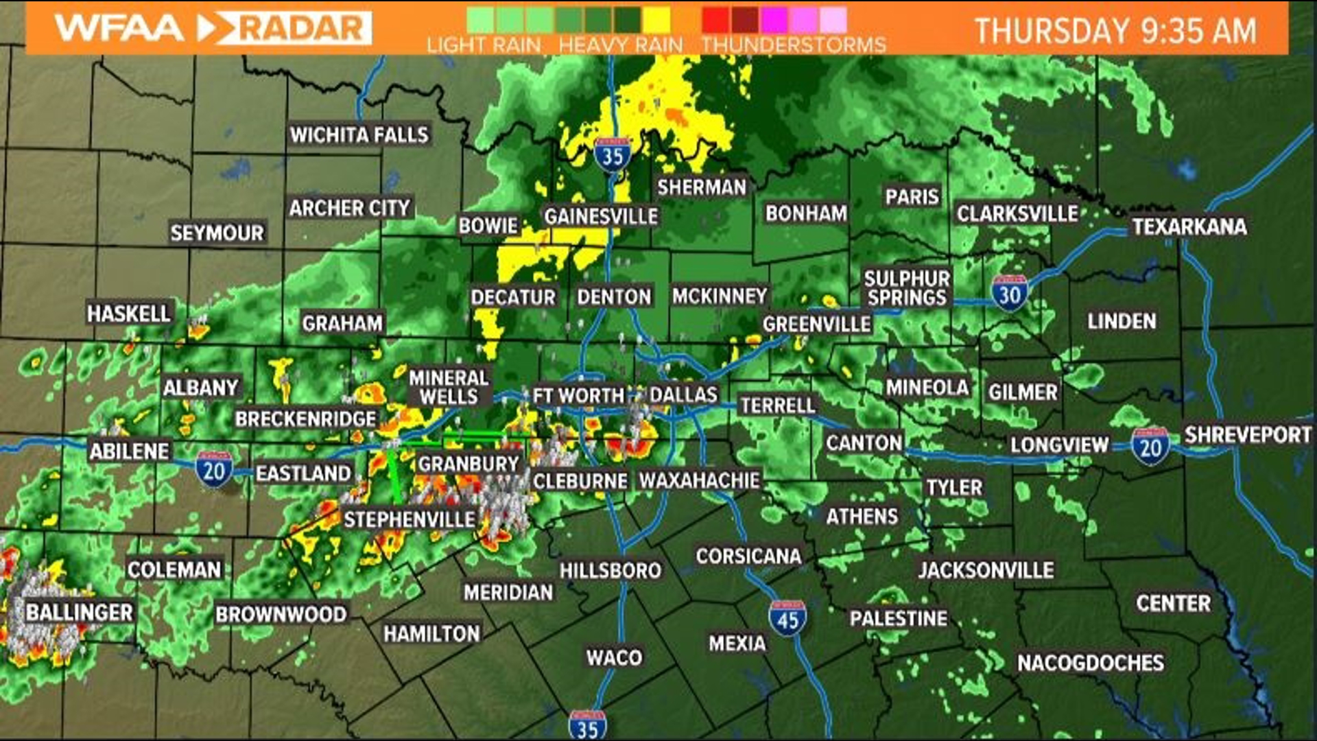 North Texas is seeing rounds of rain and storms Thursday. Here's a live look at the radar.