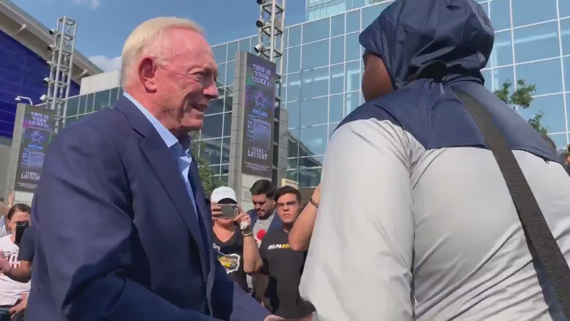The Dallas Cowboys owner greeted the high school football players from El Paso as they arrived at The Star in Frisco, Texas, to take on Plano High School.