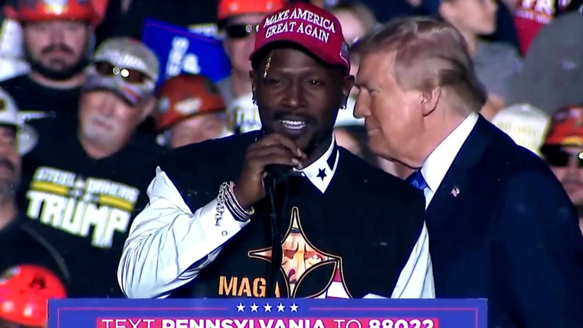 Former NFL wide receiver Antonio Brown endorsed former President Donald Trump at a campaign rally in Latrobe, Pennsylvania, on October 19, 2024.