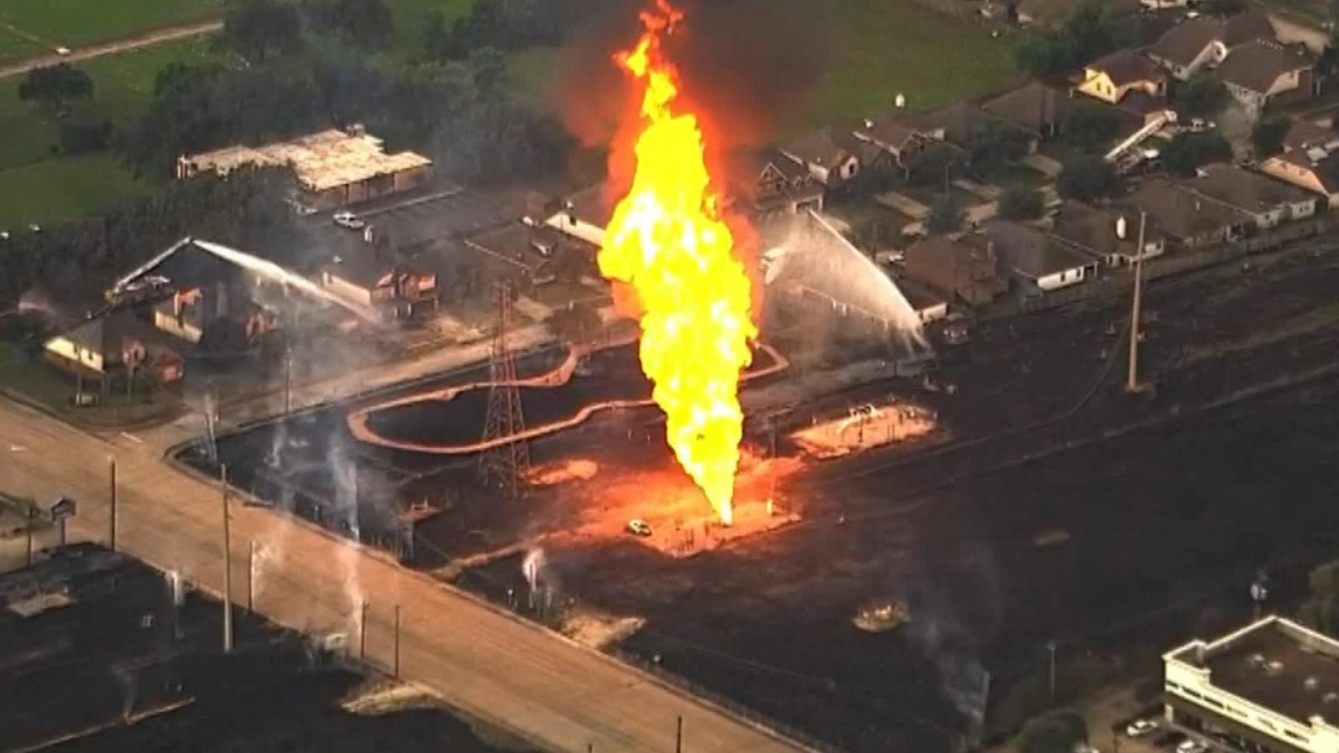 Nearby residents are having to evacuate their homes as an oil pipeline spews fire into the air in the Deer Park neighborhood of Houston, Texas.