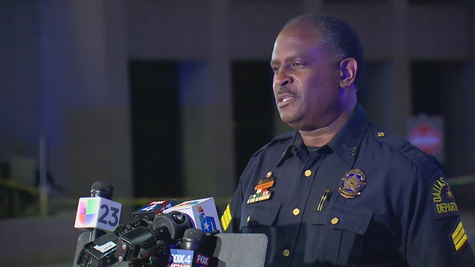 Sgt. Warren Mitchell gives an update after an innocent bystander was shot and killed and another person injured when two groups exchanged gunfire in downtown Dallas.